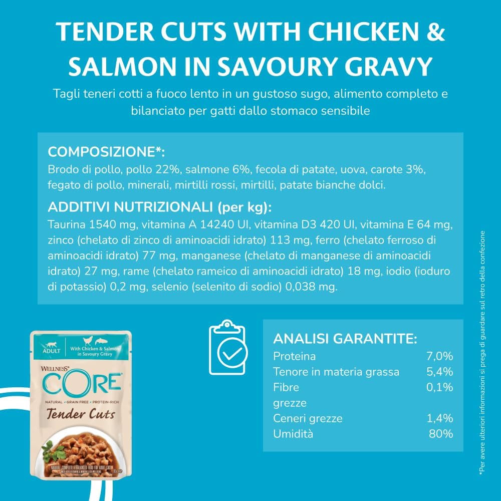 Wellness CORE Tender Cuts 6 x 85g, Chicken Selection Mix – Nassfutter für Katzen, zarte Stücke in Soße, getreidefrei, natürlich, hypoallergen, proteinreich, hoher Fleischanteil