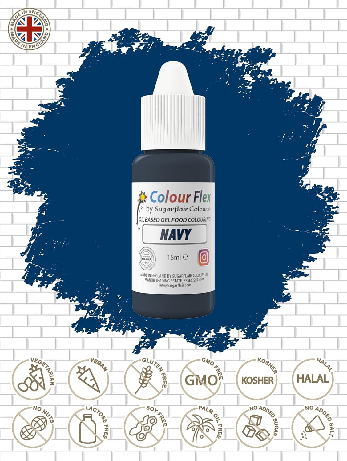 Sugarflair Colourflex Lebensmittelfarbe auf Ölbasis, Marineblau, hochkonzentrierte flüssige Lebensmittelfarbe, Lebensmittelfarbe für Buttercreme, Schokolade, Teig, Fondant, Zuckerguss und mehr – 15 ml