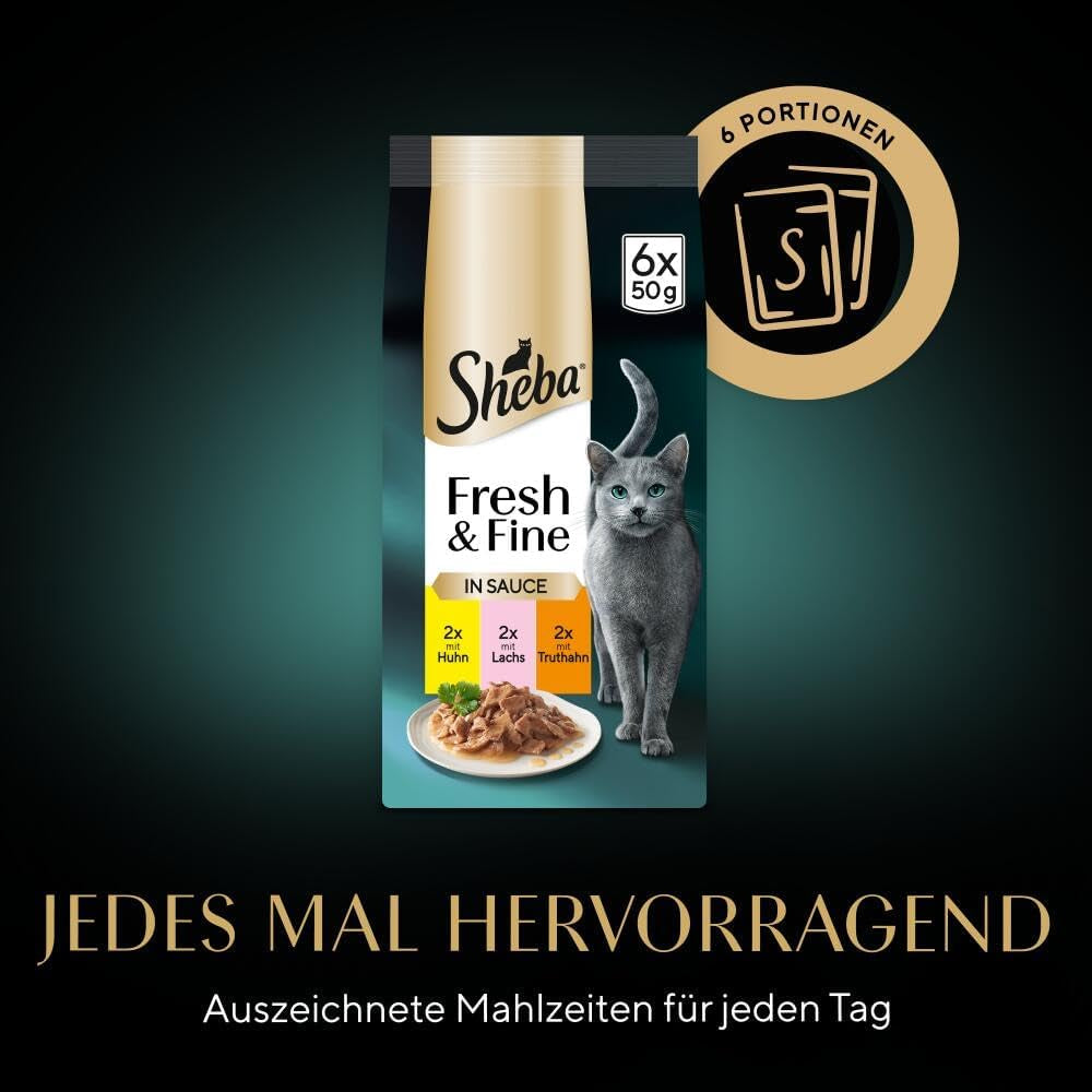 Sheba Portionsbeutel Nassfutter für Katzen, Multipack Fresh & Fine in Soße mit MSC-Huhn und Lachs, 6x6x50g - Feine Mahlzeiten für Katzen in Soße