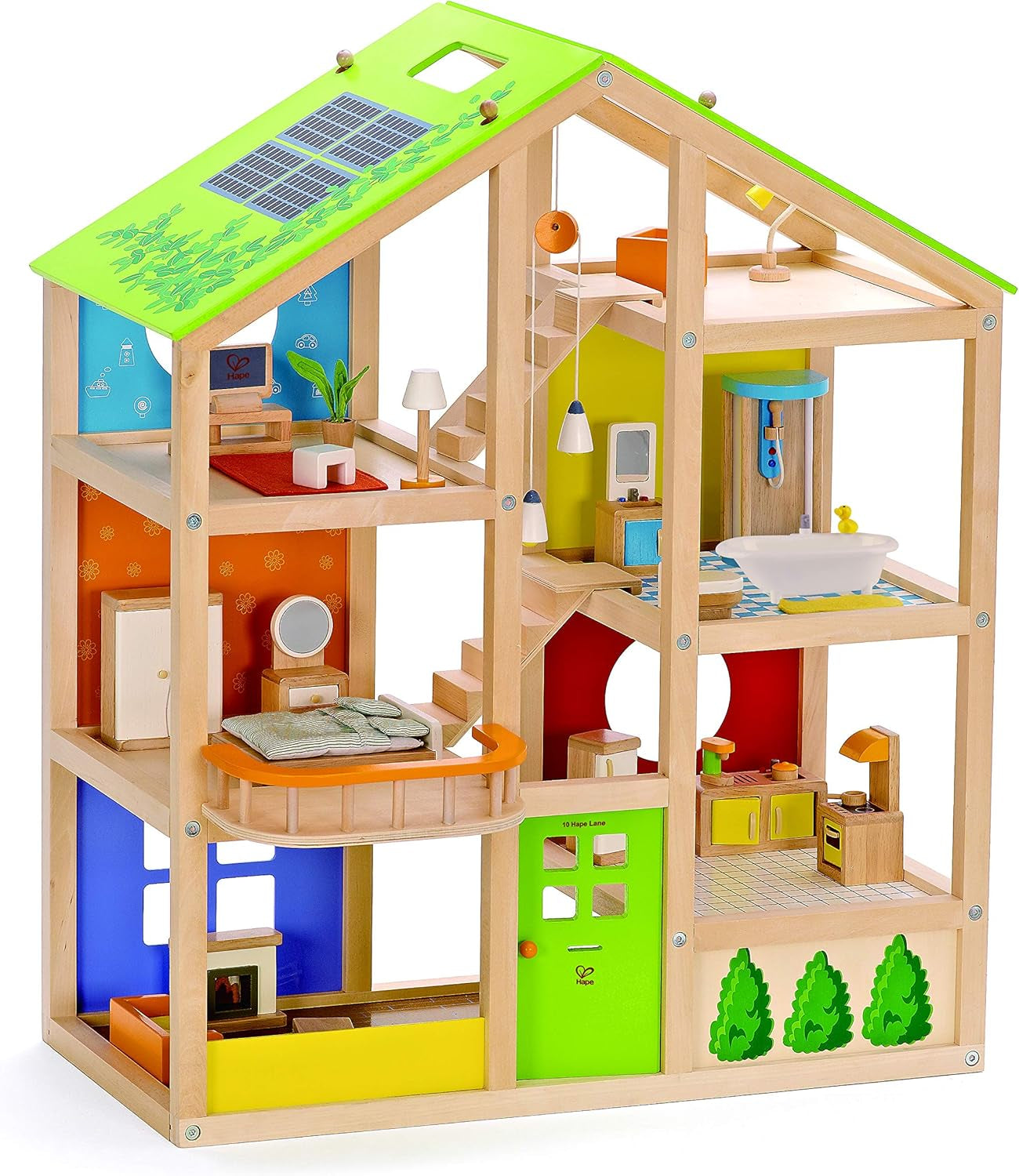 E3401 – Vier-Jahreszeiten-Haus (möbliert), Puppenhaus mit Zubehör, aus Holz und E3459 – Babyzimmer