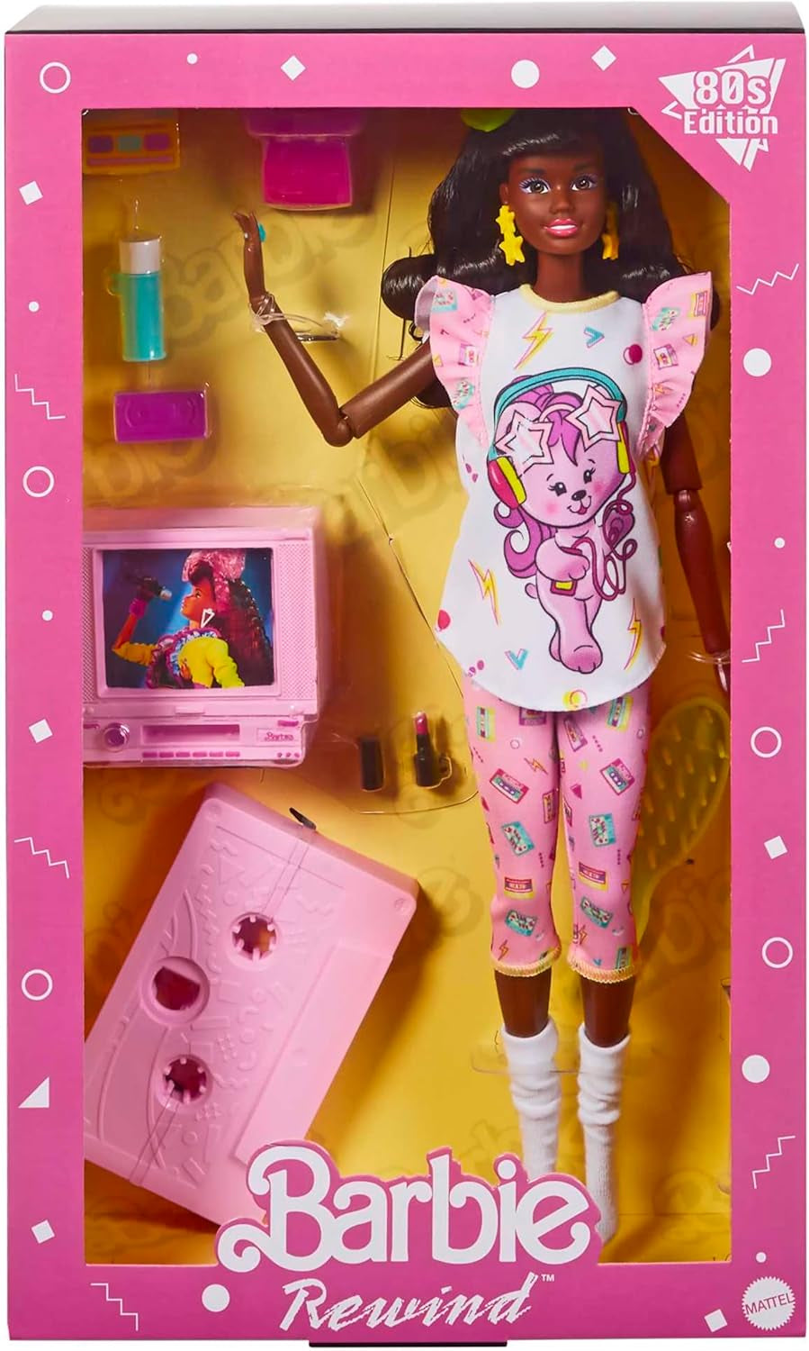 Barbie Rewind – nostalgische Sammlerfigur im 80er-Jahre-Stil mit wunderschönem Haar und Outfit, inklusive Fernseher, Popcorn und Telefon, für Fans und Sammler, HJX19