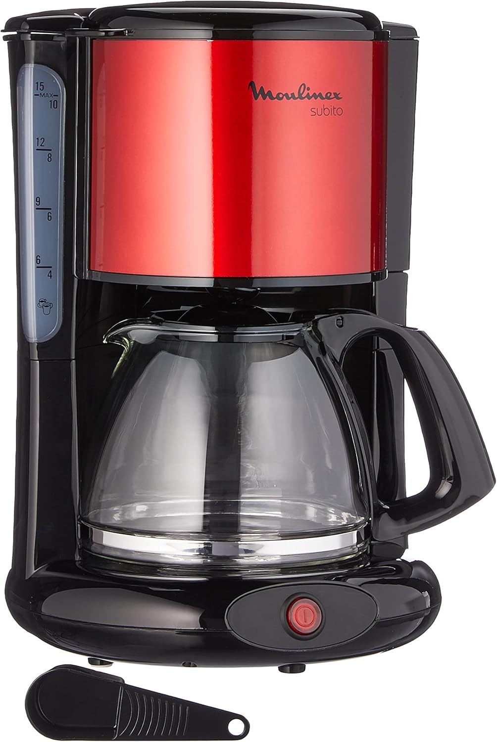 Subito Espressomaschine mit Filter, Glaskaraffe, 10–15 Tassen, Fassungsvermögen 1,25 l, automatische Abschaltfunktion, abnehmbarer Filter, Wasserstandsanzeige, Edelstahl, Rot/Schwarz, FG360D