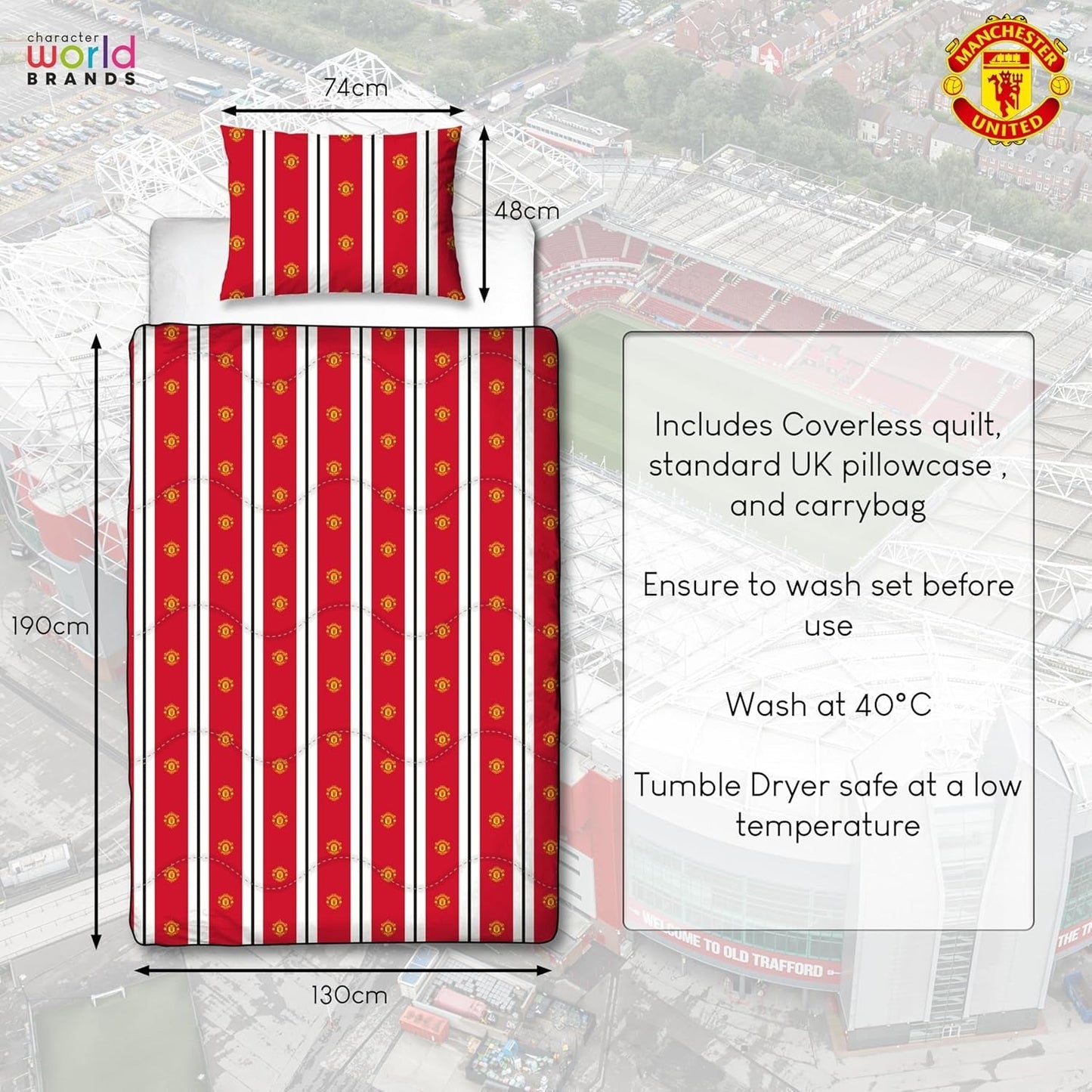 Offizielle Einzelbettdecke von Manchester United FC, wendbar, rot und weiß, ohne Bezug, Fußballdecke, Kissenbezug, waschbar, perfekt für Reisen, Übernachtungen, 10,5 Tog Bettdecken und Steppdecken Naty Shop