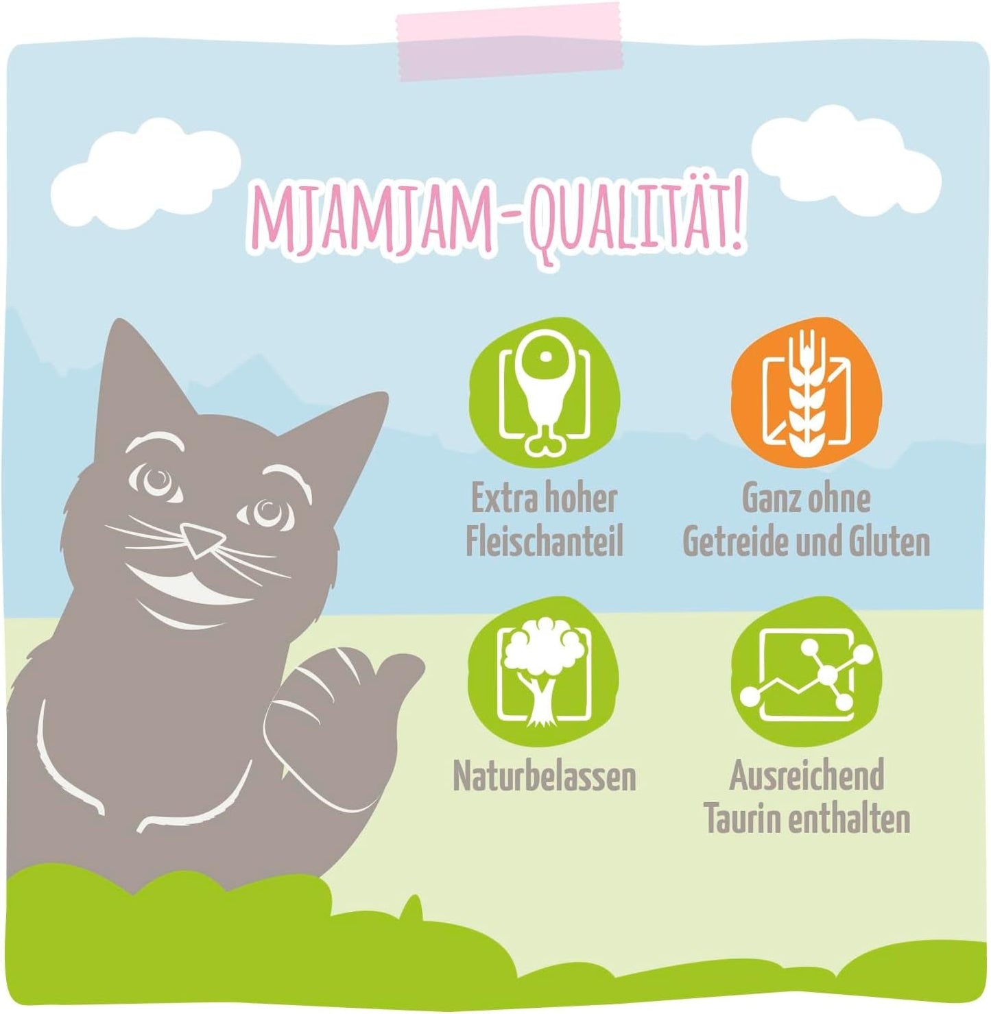 MjAMjAM – Premium-Nassfutter für Katzen – saftiges Huhn und Wildlachs, 6er-Pack (6 x 400 g), getreidefrei mit extra Fleisch