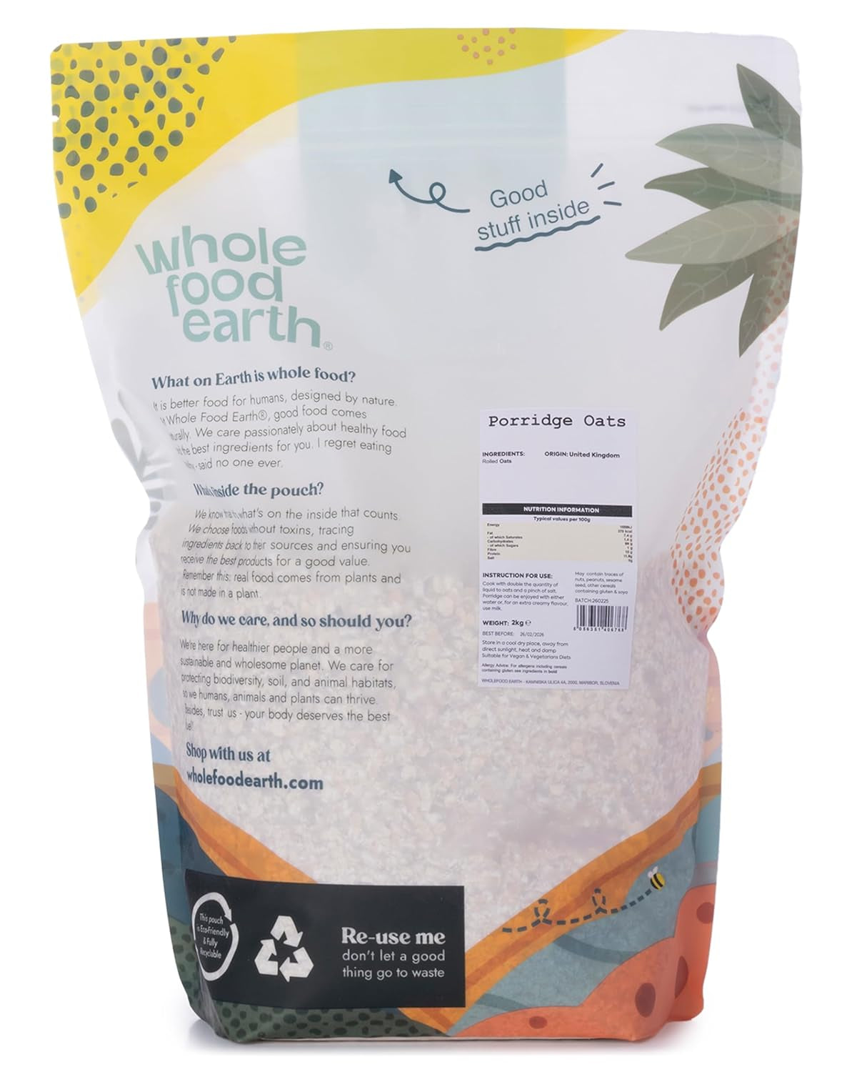 Wholefood Earth Haferflocken 2 kg | GVO-frei | Reich an Ballaststoffen
