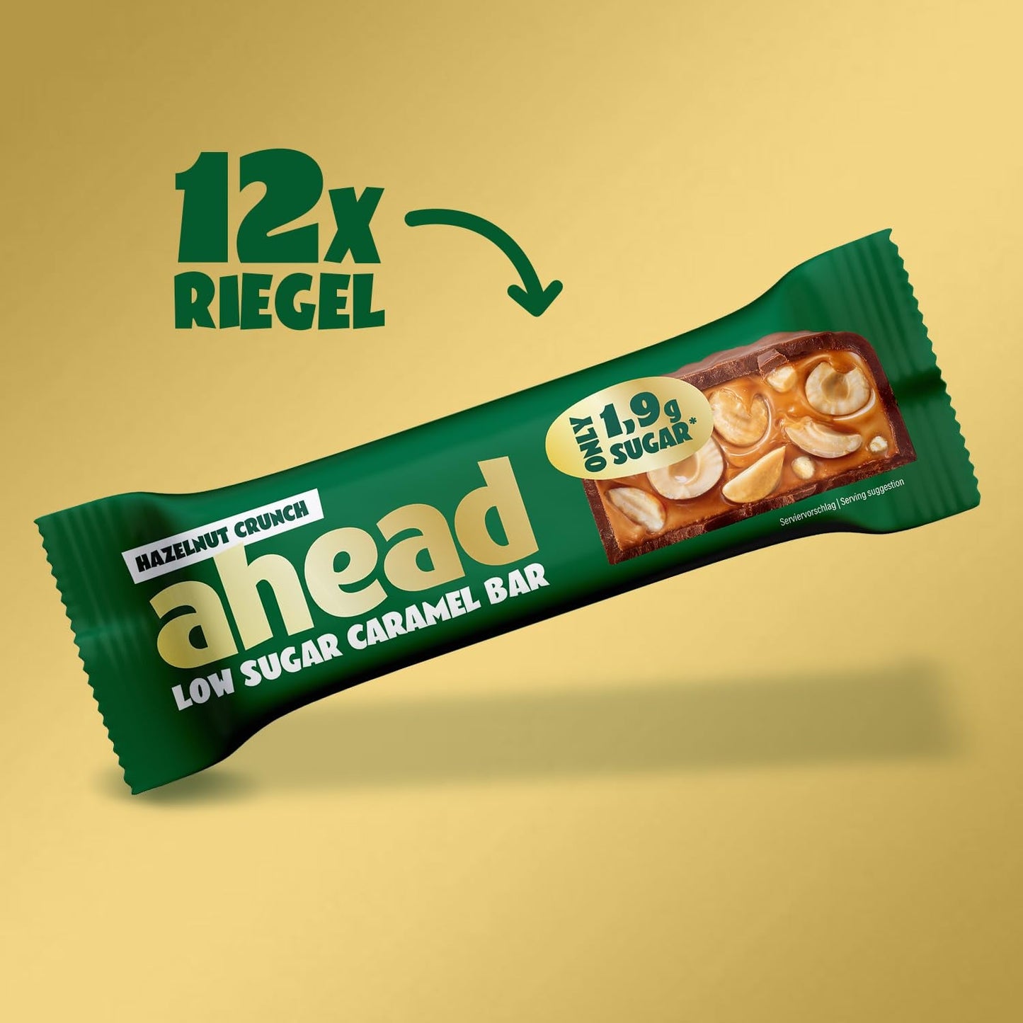 Karamell-Haselnuss-Schokoriegel voraus | 12 Schokoriegel x 35 g ohne Zuckerzusatz | 1,9 g Zucker pro Riegel | Knuspriger Haselnuss- und Karamellgeschmack | Low-Carb-Süßigkeiten | Kein Palmöl