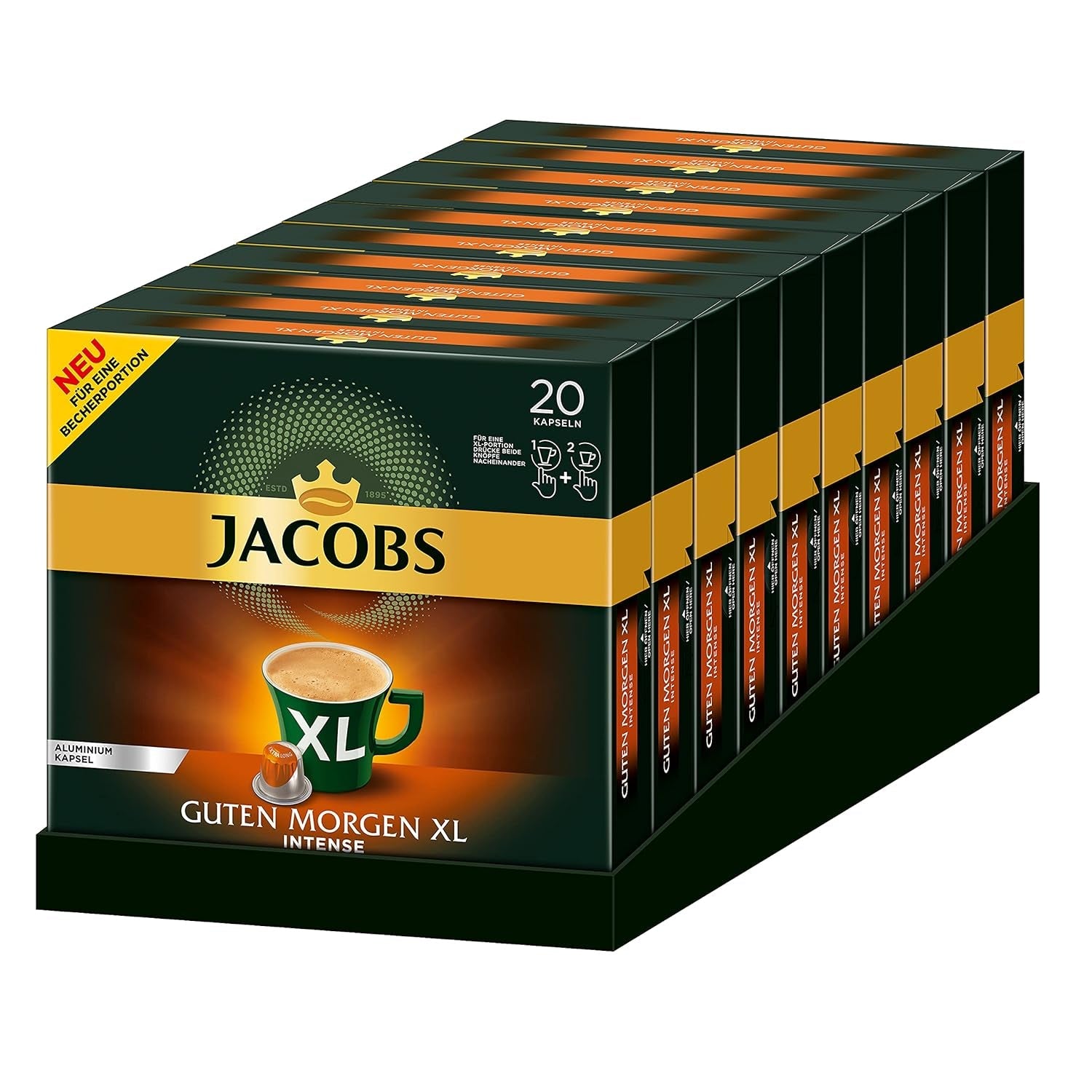 Jacobs Kaffeekapseln Guten Morgen XL Intense - 10er Pack (10 x 20 Getränke) & Kaffeekapseln Krönung Crema, 200 Nespresso-kompatible Kapseln, 10er Pack, 10 x 20 Getränke, 1040 g