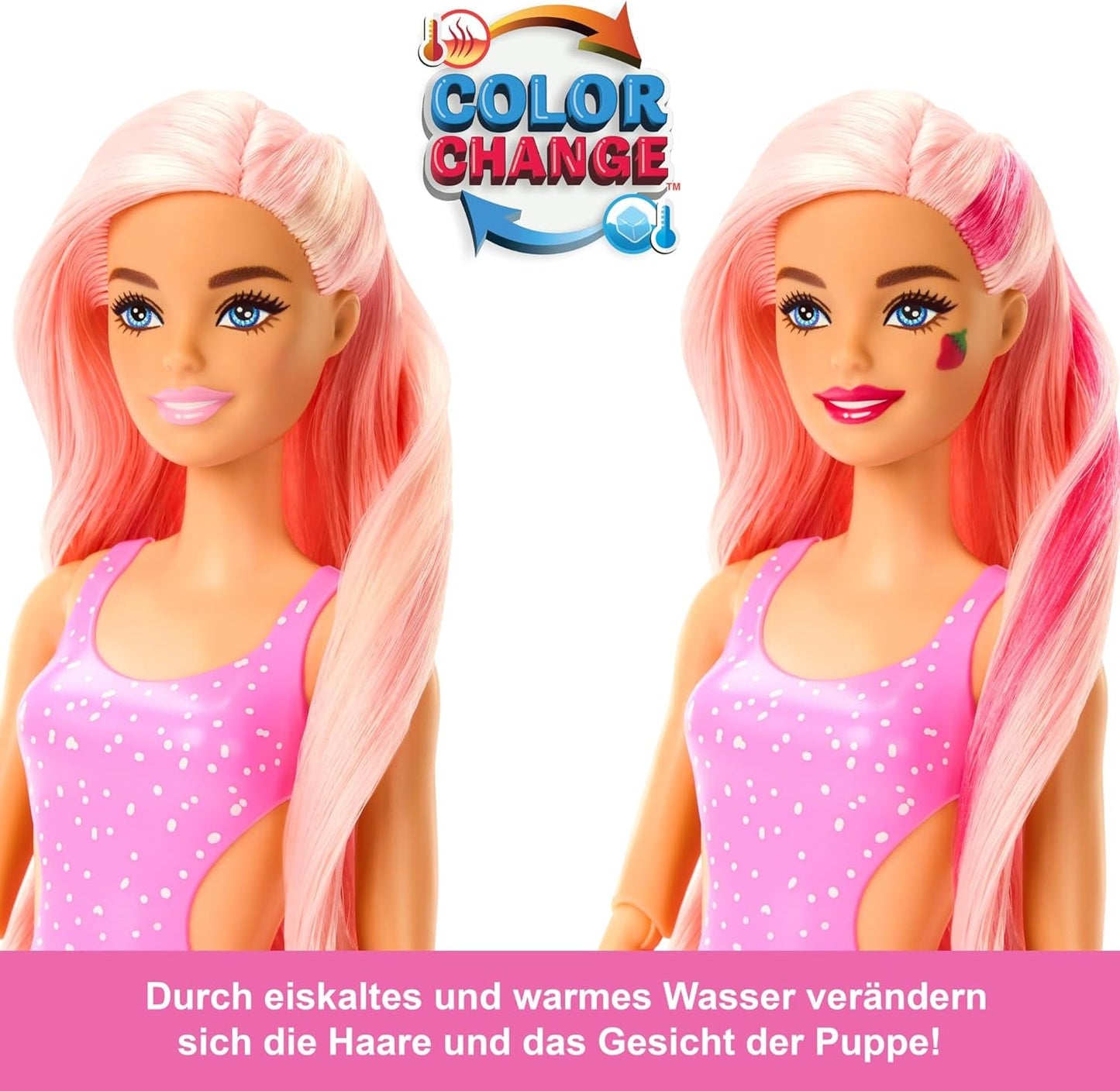 Barbie Pop Reveal Fruit – Überraschungspuppen mit 8 fruchtigen Überraschungen, darunter eine positionierbare, nach Erdbeerlimonade duftende Puppe und ein flauschiger Welpe, ab 3 Jahren, HNW41