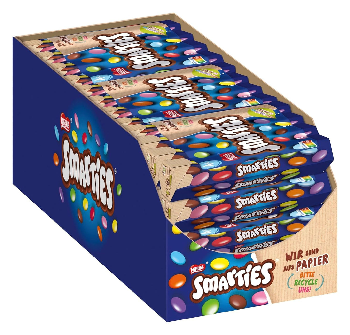 Nestlé SMARTIES Multipack, kleine Rolle, schokoladenfarbene Linsen, ideal für Kindergeburtstage, natürliche Farben, sechseckige Rolle, 12er Pack (12x (4 x 34g))