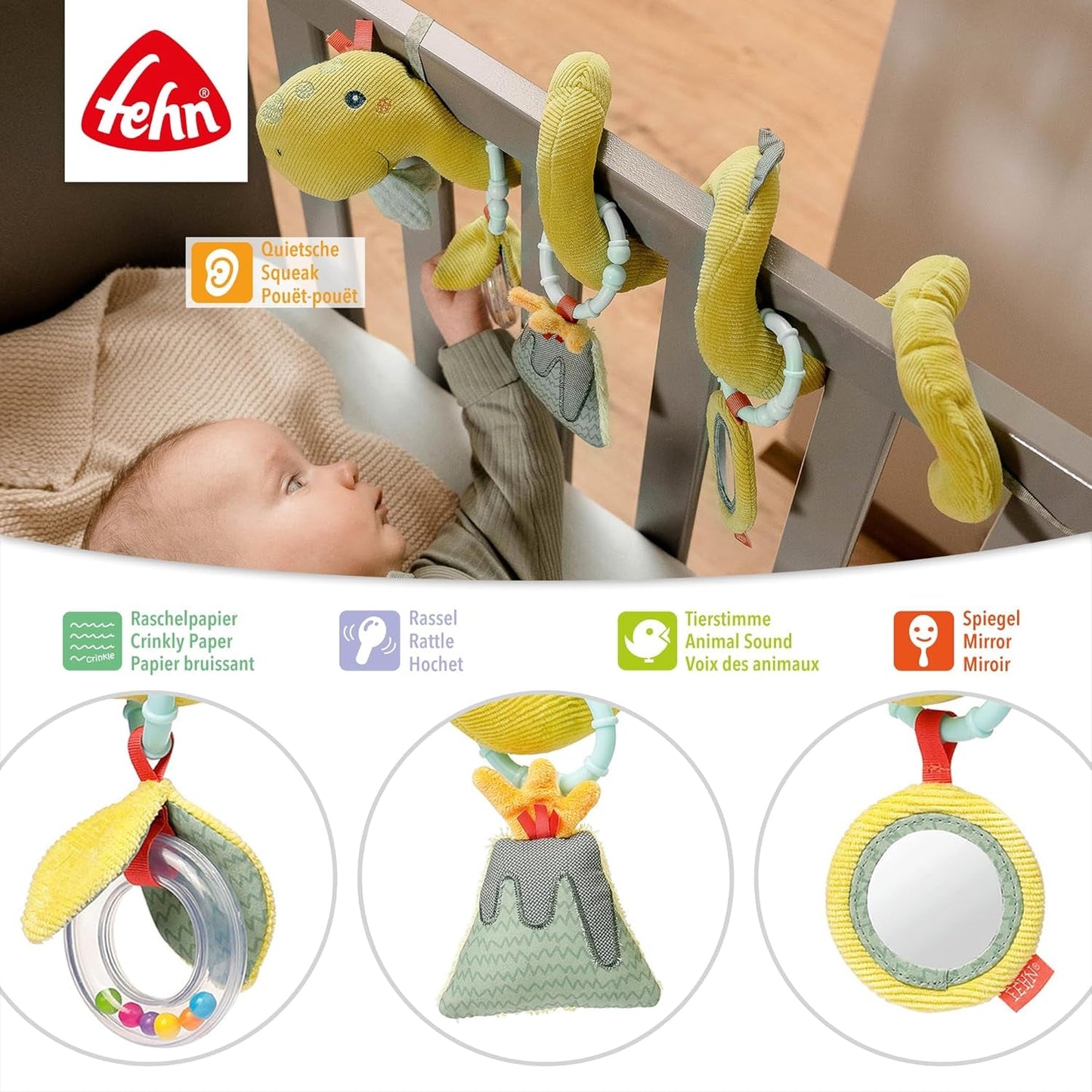 Fehn Activity Spiral Dino – Schiebe- und Zieh-Kinderwagenspielzeug – Baby-Dinosaurierspielzeug für Bett, Spielplatz, Kinderwagen und Autositz – Motorikspielzeug für Babys und Kleinkinder ab 0+ Monaten Babyspielzeug Naty Shop