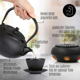Lumaland 8-teiliges Teeservice | 1,4 Liter Tetsubin-Teekanne aus Gusseisen | Gusseisenheizung | 2 Teetassen und 2 Untertassen | Japanisches Teeservice inklusive Messlöffel aus Bambus und Teesieb aus Edelstahl