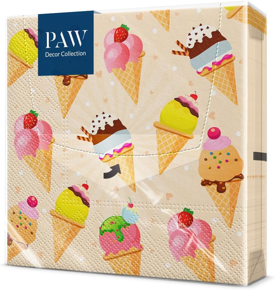 PAW – 3-lagige Servietten (33 x 33 cm) I 20 Stück I Perfekt für Partys, Geburtstage, Feiertage I Tischdekoration für Kinderfeste – Bunte Motiv-Papierservietten – Eiscreme I Eiscreme
