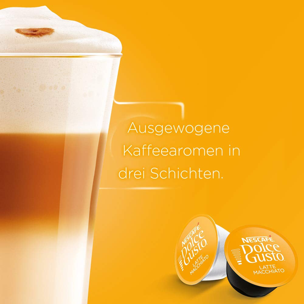 NESCAFÉ Dolce Gusto Latte Macchiato, 48 Kaffeekapseln, Aromatischer Espresso, 3-Schichten - Köstlichkeit aus feinem Milchschaum, Aromaversiegelte Kapseln, 9er Pack (3x16 Kapseln)