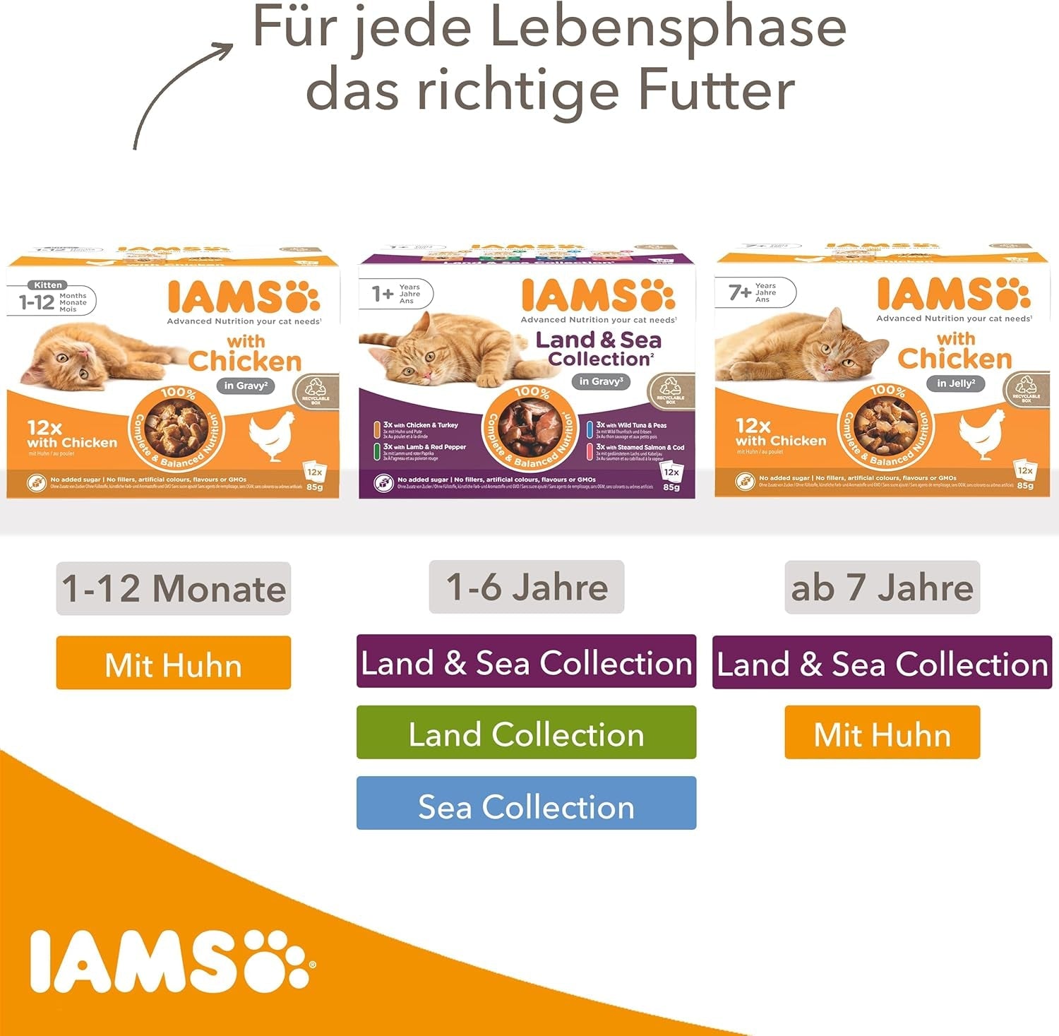 IAMS Delights Land & Sea Collection Nassfutter für Katzen – Fleisch- und Fischsortiment, Multipack in Soße, Nassfutter für Katzen ab 1 Jahr, 12 x 85 g