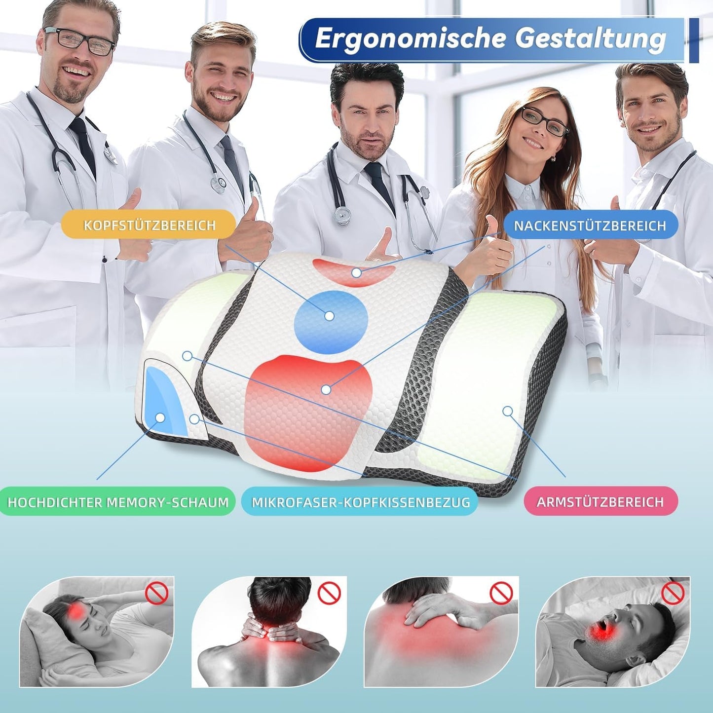 Orthopädisches Kissen, ergonomisches Nackenkissen, Kopfkissen, Original-Memory-Schaum-Kissen für Seiten, Rücken- und Bauchunterstützung, Nackenstützkissen für Männer, Frauen (67,3 x 38,2 x 13,8/3 cm). Orthopädische Halskissen von Naty Shop