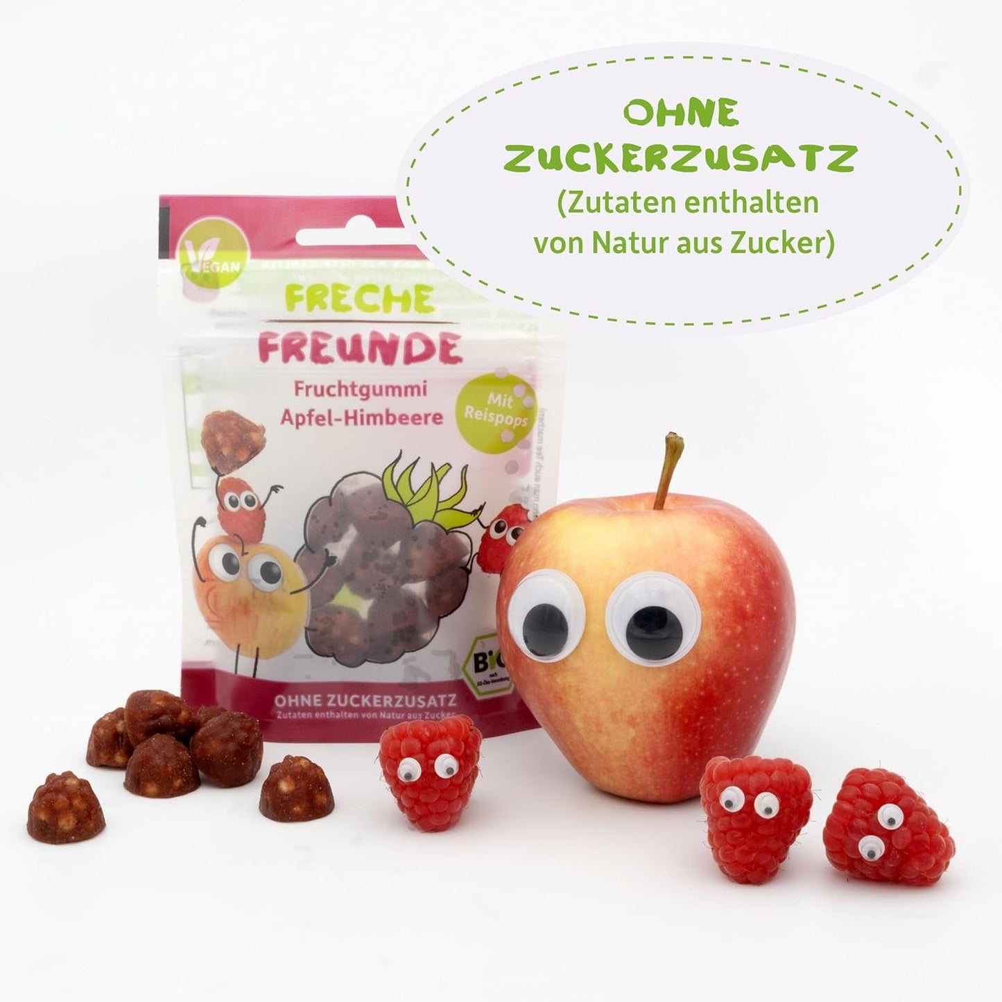 FRECHE FREUNDE Bio-Fruchtgelees, Apfel-, Himbeer- und Reislutscher, fruchtig-süßer Snack für Kinder, glutenfrei, vegan, 20er Pack (20 x 30 g)