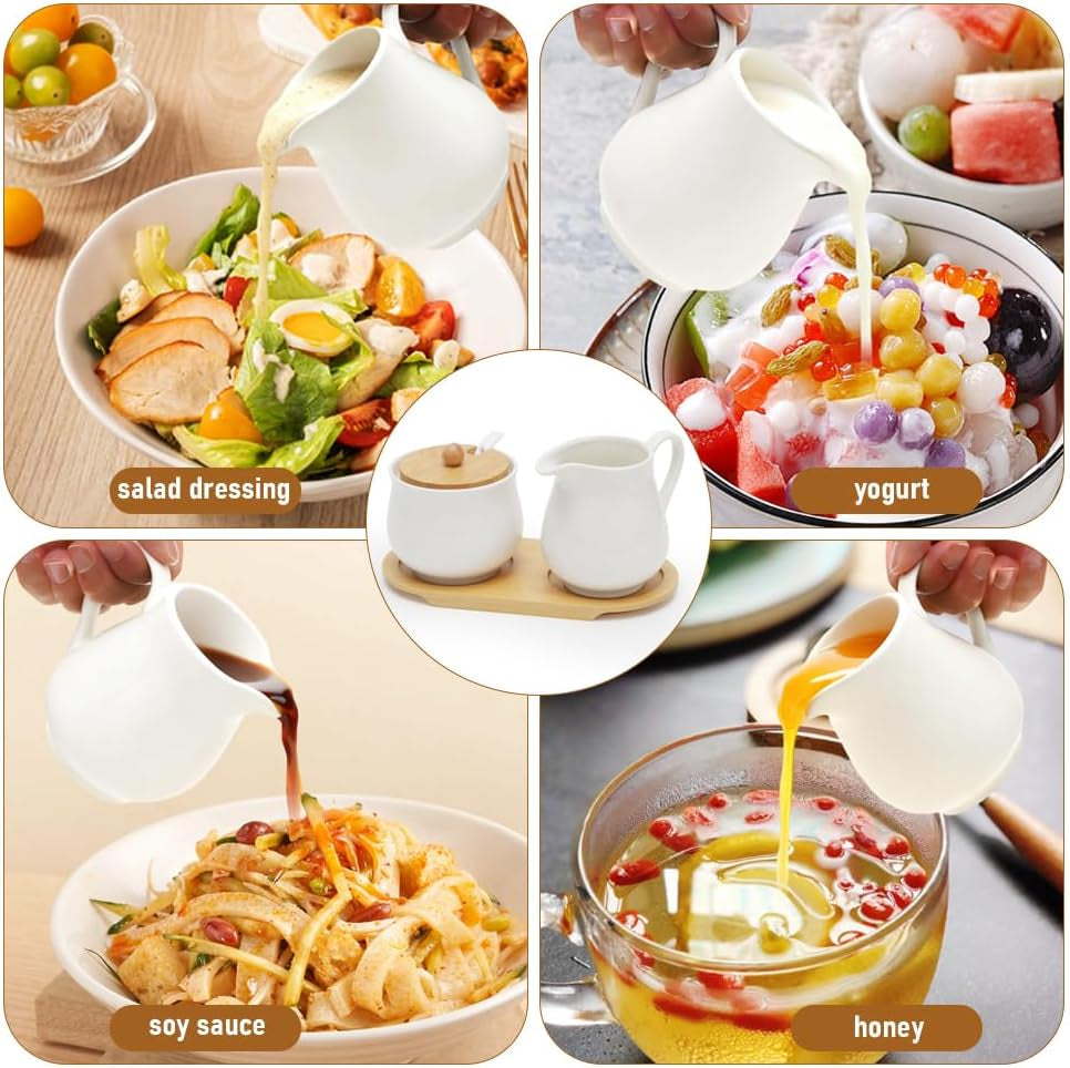 Milch- und Zuckerset mit Deckel und Löffel, 5-teiliges Keramik-Milchkännchen und Zuckerbehälter mit Holztablett, Milch- und Zuckerbehälter für Küche, Kaffee, Mikrowelle und Geschirrspüler (weiß)