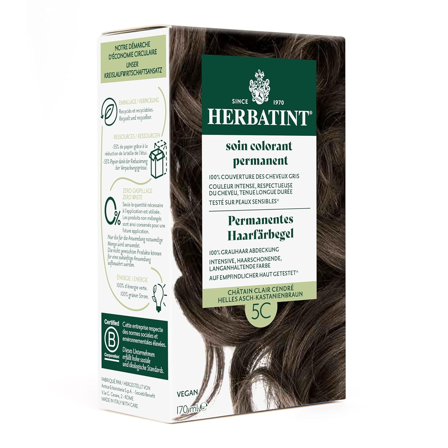 Permanentes Haarfärbegel 6N Dunkelblond – 170 ml I Ammoniakfrei, 100 % graue Haarabdeckung I Getestet auf empfindlicher Haut, mit 8 Pflanzenextrakten Naty Shop Haarfärbemittel 5C Light Ash – Kastanienbraun