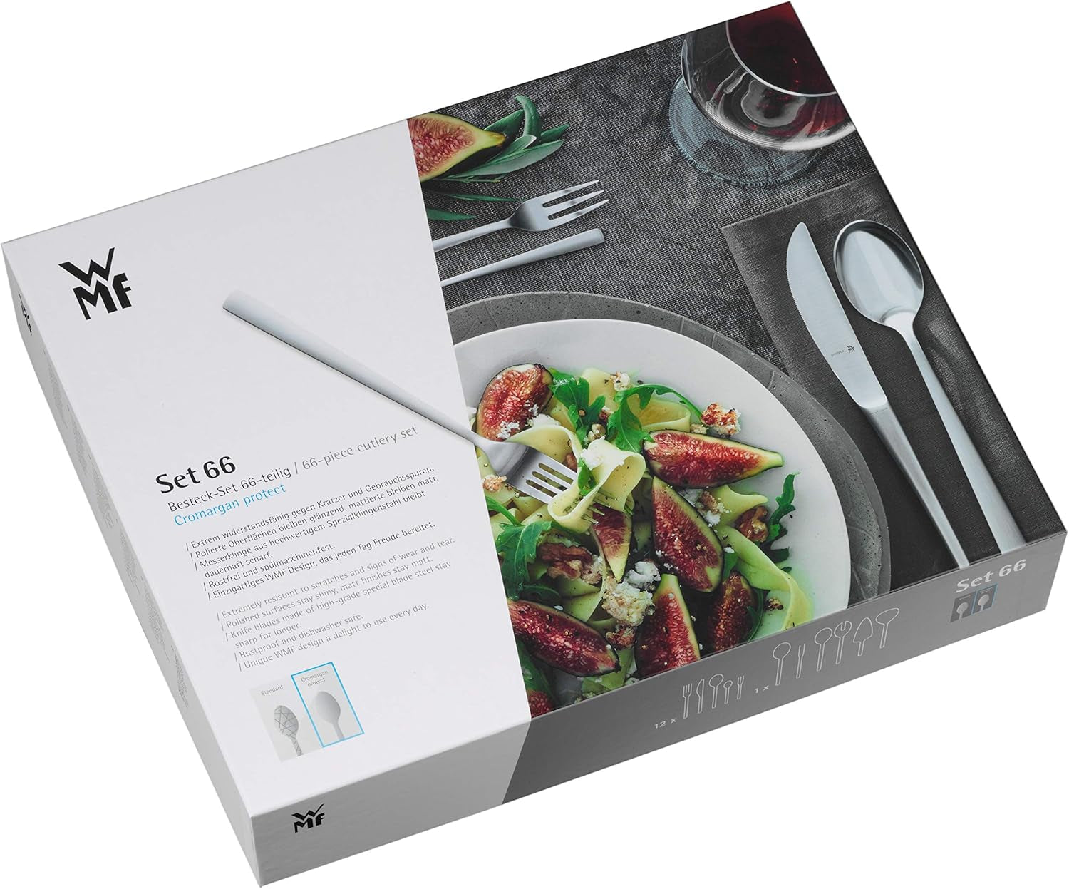 WMF Corvo Besteck Set 12 Personen, 66 Teilig, 60 Teile Mit Servierbesteck, Hohlheftmesser, Cromargan Protect Mattiert, Kratzbeständig, Spülmaschinenfest Kitchen Naty Shop
