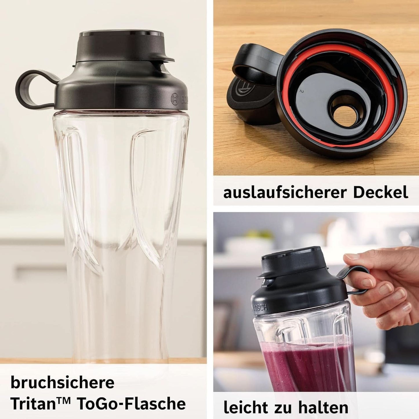 Bosch Mini-Standmixer Vitapower Serie 2 MMB2111S, Highspeed-Mixer, Bis Zu 40.000 U/min, Tritan Togo-Flasche 0,6 L, Trinkdeckel, Bruchsicher, Spülmasch.Geeignete Teile, 450W, Silber/Schwarz Kitchen Naty Shop