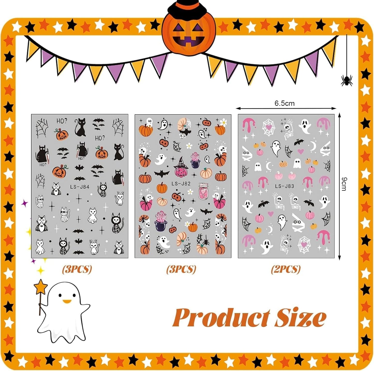 Nagelsticker Halloween, 8 Blätter Halloween Nagelsticker, Kürbis Nail Sticker, Nail Art, Nagel Charms, Nagel Zubehör, Nageldesign, Weihnachten (Typ A)