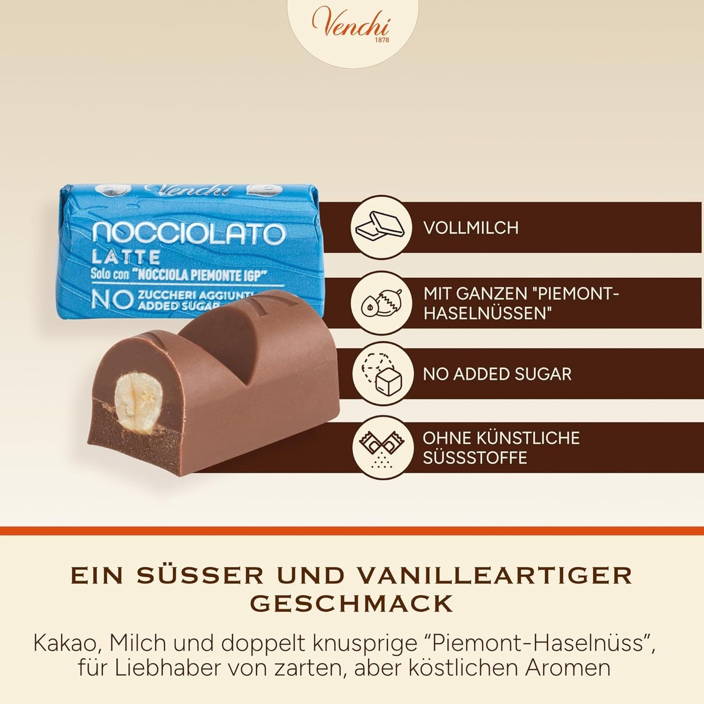 Venchi – Schokoriegel mit Milch und Haselnüssen – 70 % Zucker – Pralinen mit ganzen Haselnüssen aus dem Piemont g.g.A., 1 kg – Glutenfrei