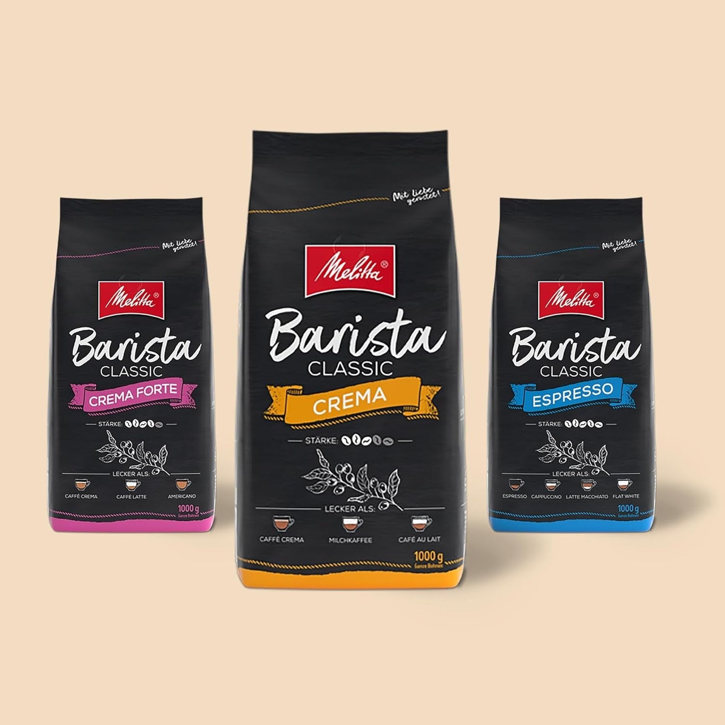 Melitta Barista Classic Crema, Whole Coffee Beans 1kg, Ungemahlen, Kaffeebohnen für Kaffee-Vollautomat, mittlere Röstung, Stärke 3, Verpackung kann variieren