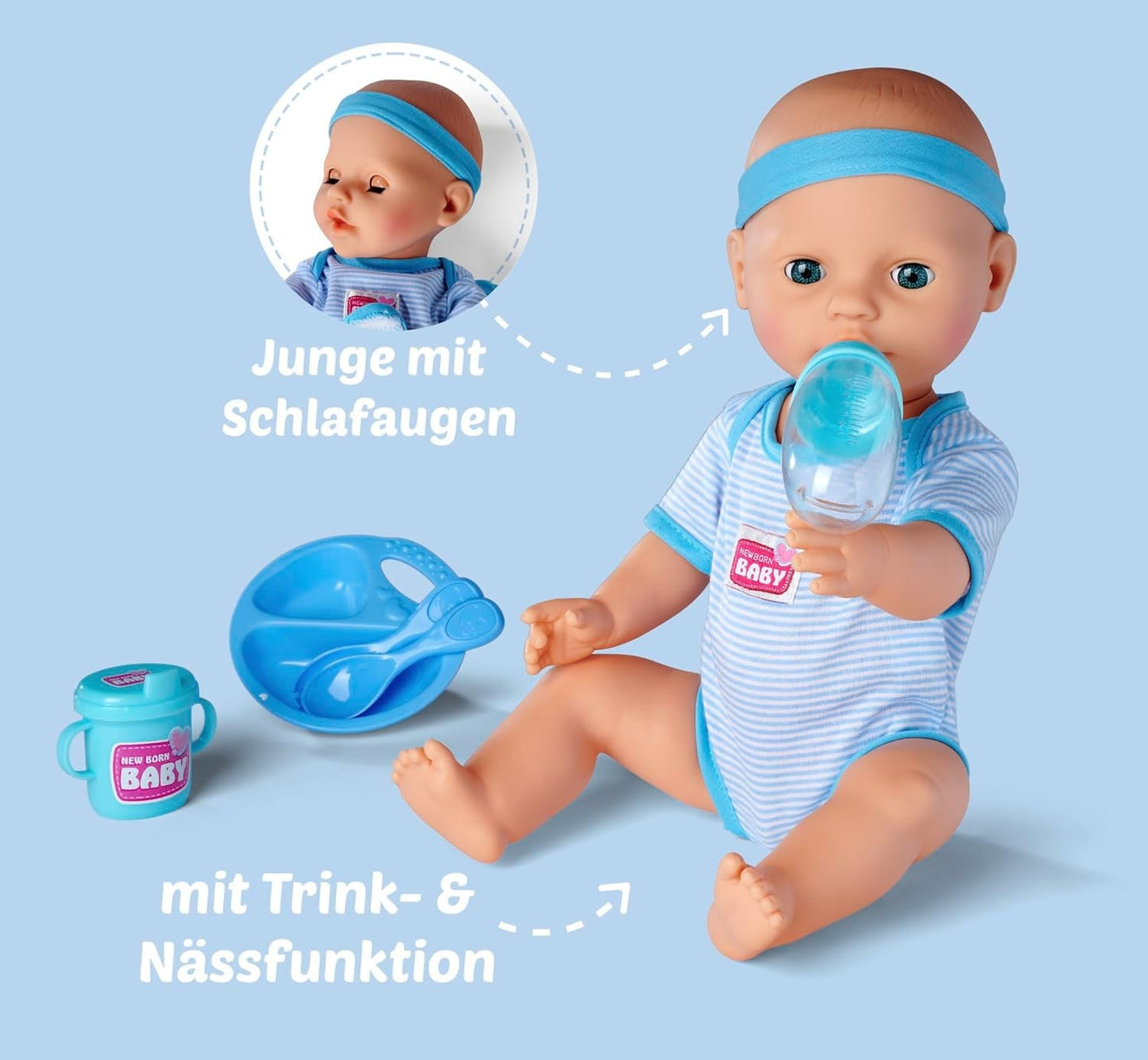 Simba 105030044 – Neugeborene Puppe – Junge, Vollvinylpuppe mit Schlafaugen, Trink- und Benetzungsfunktion und Zubehör, 8 Teile, 43 cm, Babypuppe, ab 3 Jahren