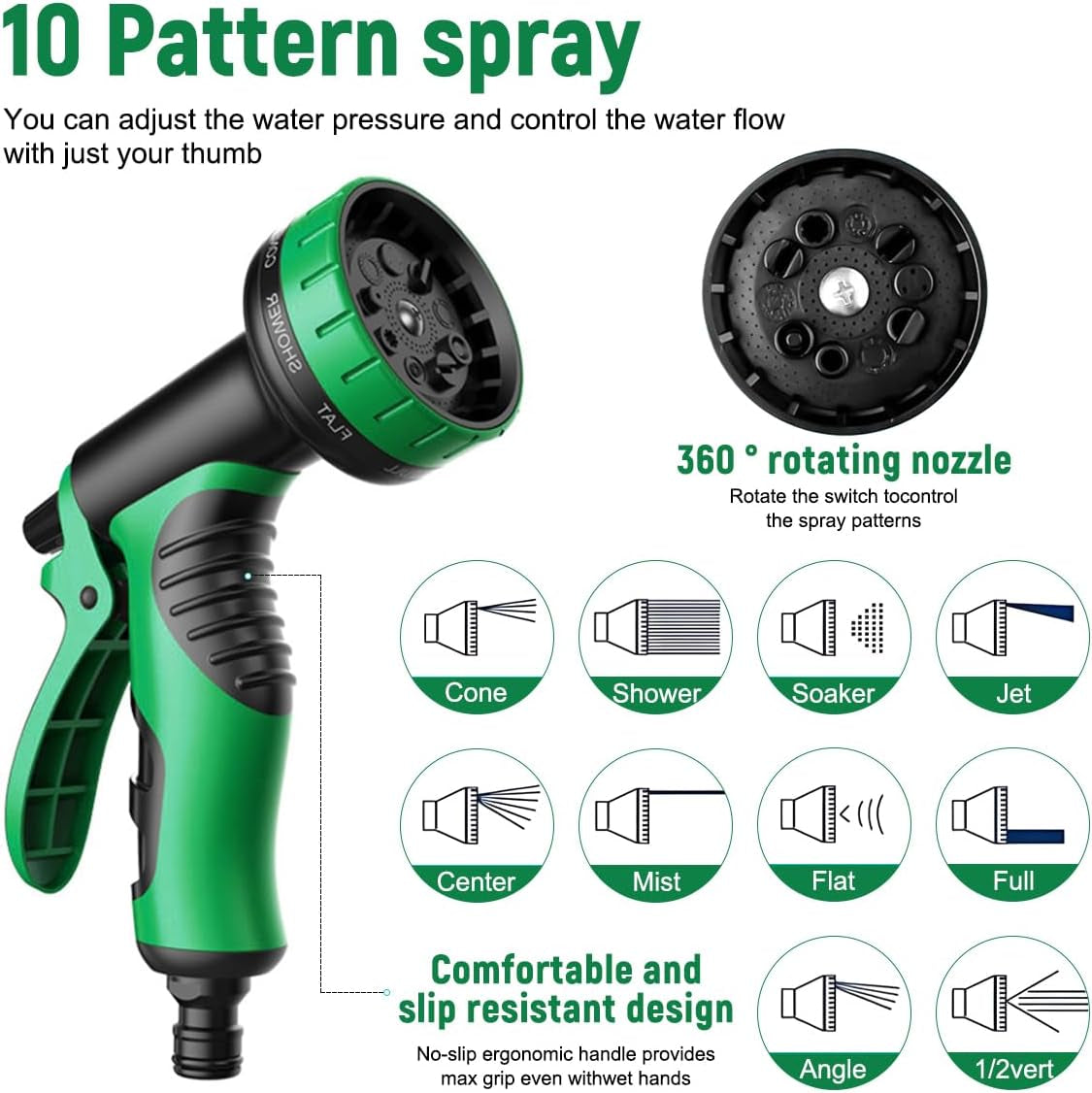 30 m/100 Fuß grüner, flexibler Gartenschlauch mit Sprühdüse und 3/4 Zoll und 1/2 Zoll Messinganschlüssen, 10 Funktionen, 3-fach ausziehbar, kein Knick, ausziehbarer Wasserschlauch für Garten, Boden, Terrasse, Auto