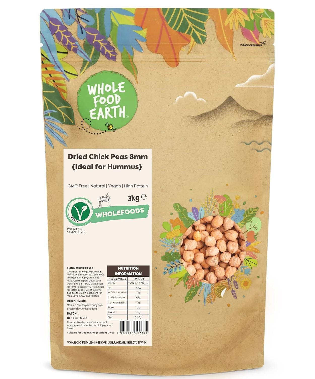 Wholefood Earth Kichererbsen, 8 mm (ideal für Hummus), gentechnikfrei, natürlich, vegan, milchfrei, ohne Zuckerzusatz, 2 kg