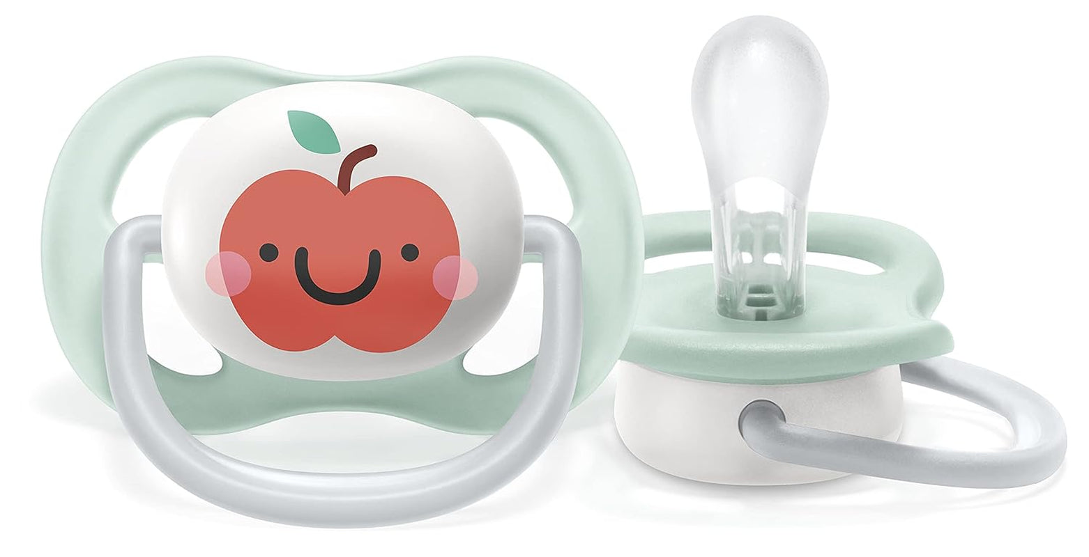 Philips AVENT Ultra-Luftschnuller – 2er-Pack, BPA-frei, atmungsaktiv, für Babys 0–6 Monate, inklusive Tragetasche und Sterilisation, Apfel/Birne (Modell SCF080/17)
