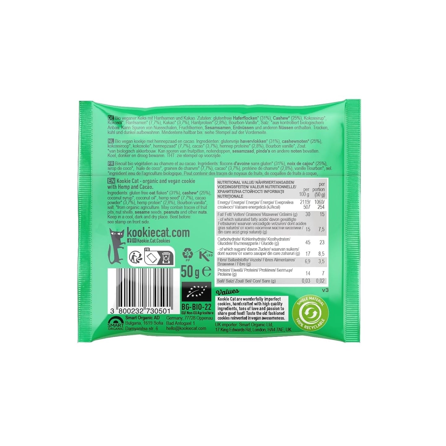 Hanfsamen und Kakao – einzeln verpackt, vegan, glutenfrei, sojafrei, Bio-Cashew- und Haferkekse – 12 x 50 g Multipack