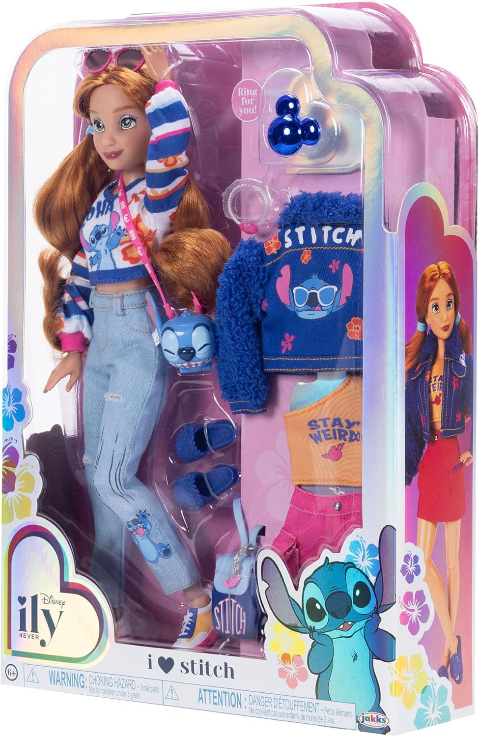 Disney ILY 4EVER Stitch Modepuppen mit roten Haaren, 29 cm groß, mit 13 Artikulationspunkten, zwei kompletten Mix-and-Match-Outfits und einem funkelnden Mickey-Ring für Sie!