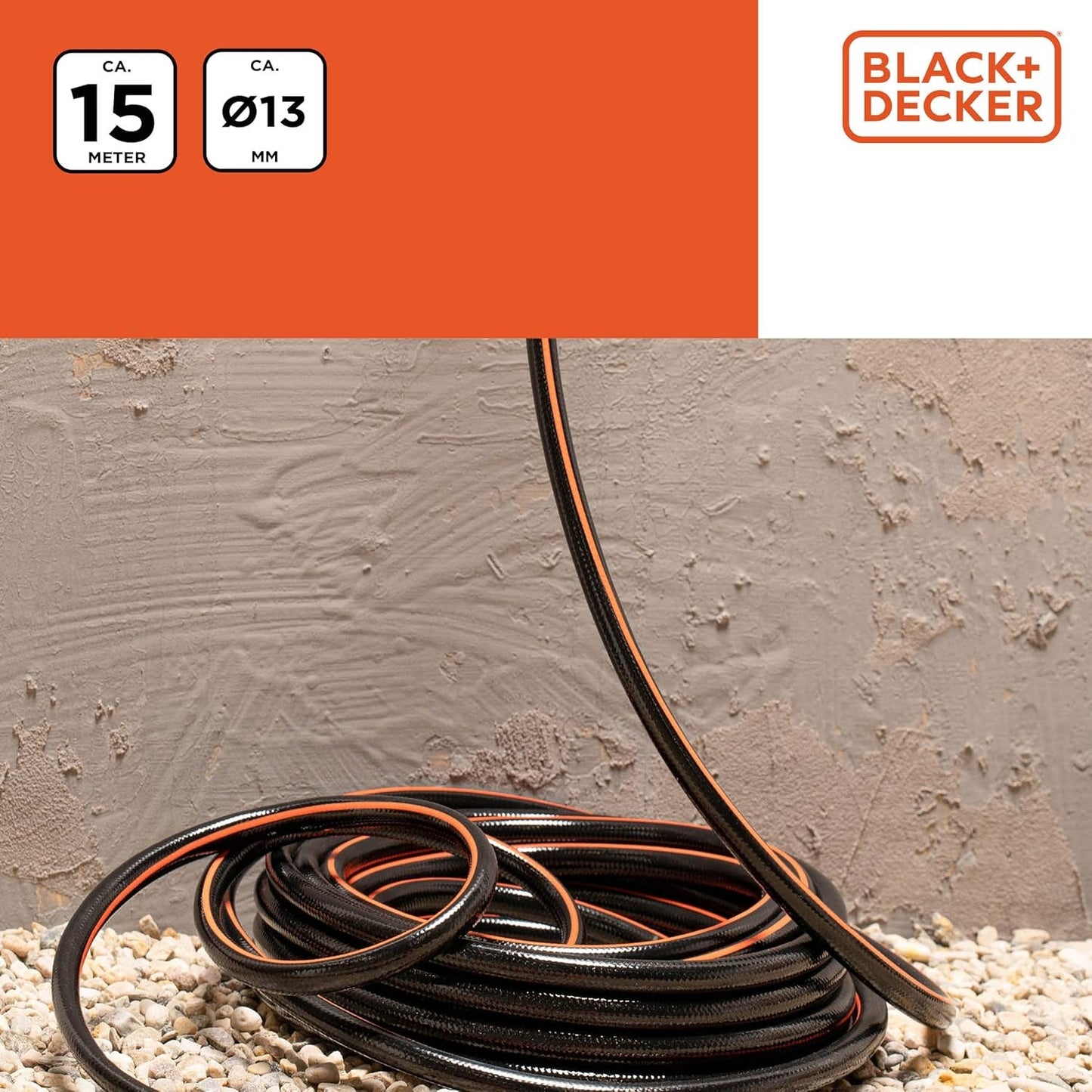 BLACK+DECKER Gartenschlauch 15 Meter – Ø13MM – Strapazierfähiges PVC – Den Garten bewässern, das Auto waschen, den Pool füllen – Kompatibel mit jedem Standard-Wasserhahn – Schwarz/Orange