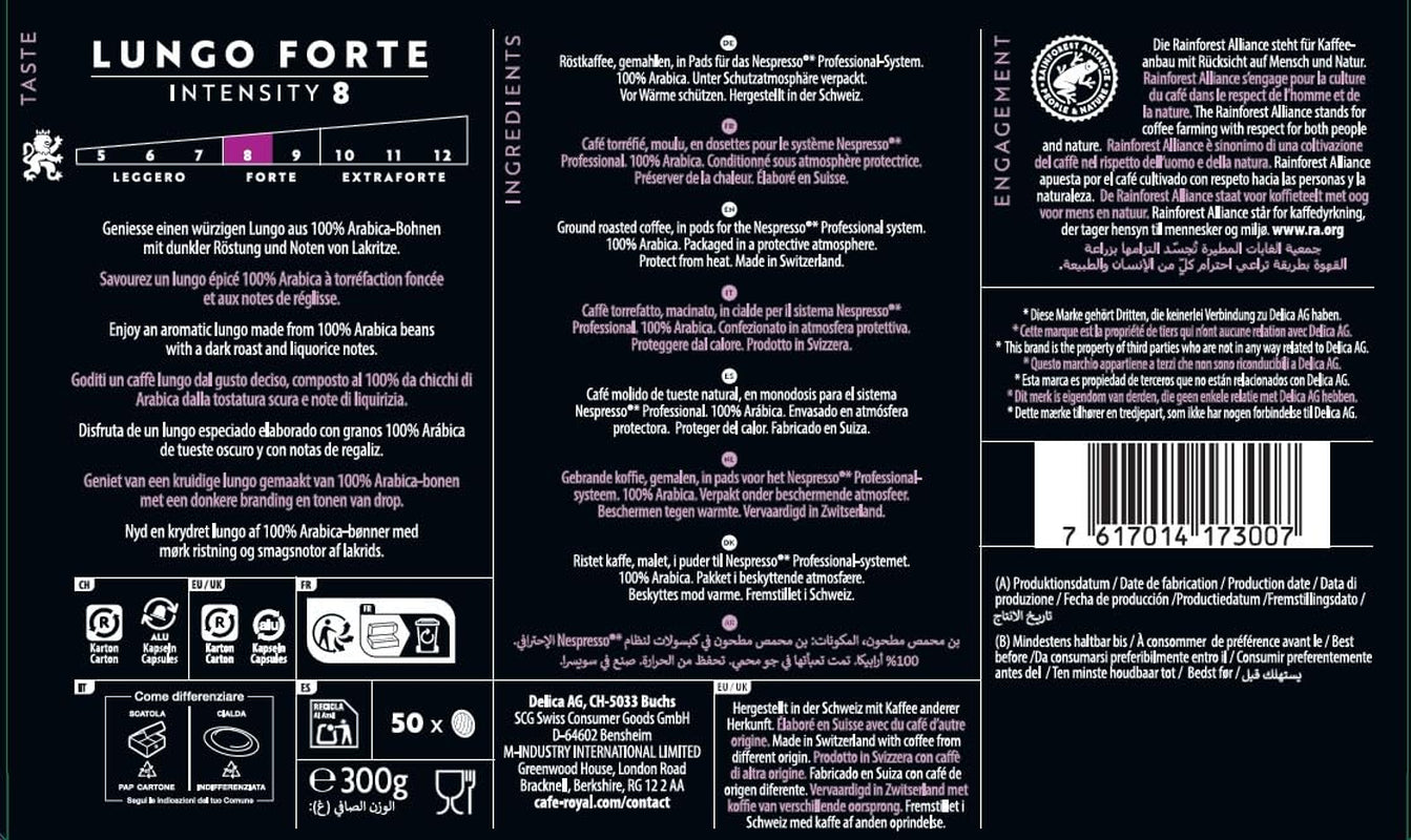 Café Royal Professional Pads, Lungo Forte, 50 Nespresso (R) Professional kompatible Pads für Büro und Gastronomie, Rainforest Alliance zertifiziert, 100 Prozent Arabica Kaffee, Intensität 8