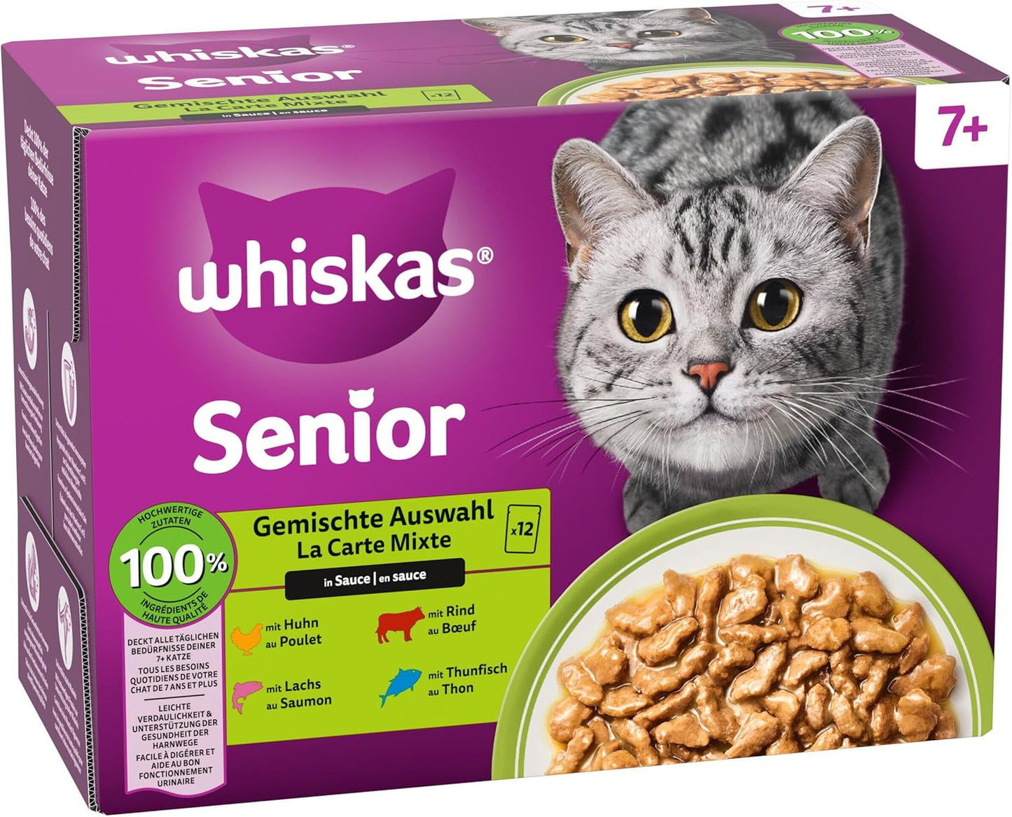Whiskas Senior 7+ Nassfutter Gemischte Auswahl in Soße, 48 Beutel, 12x85g (4er Pack) – Hochwertiges Nassfutter für Katzen ab 7 Jahren