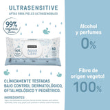 Suavinex Aqua Care Baby-Feuchttücher, 60 Stück, Reinigungstücher, 99 % Wasser, Pflanzenfaser, Aloe Vera, parfümfrei, alkoholfrei, dermatologisch getestet, geeignet für empfindliche Haut