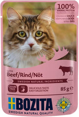 Bozita Pouch Nassfutterstücke in Rindfleischsauce – 12 Beutel x 85 g Getreide- und weizenfreies Nassfutter für Katzen – Nassfutter für erwachsene Katzen mit 8,5 % Protein und 4,5 % Fett