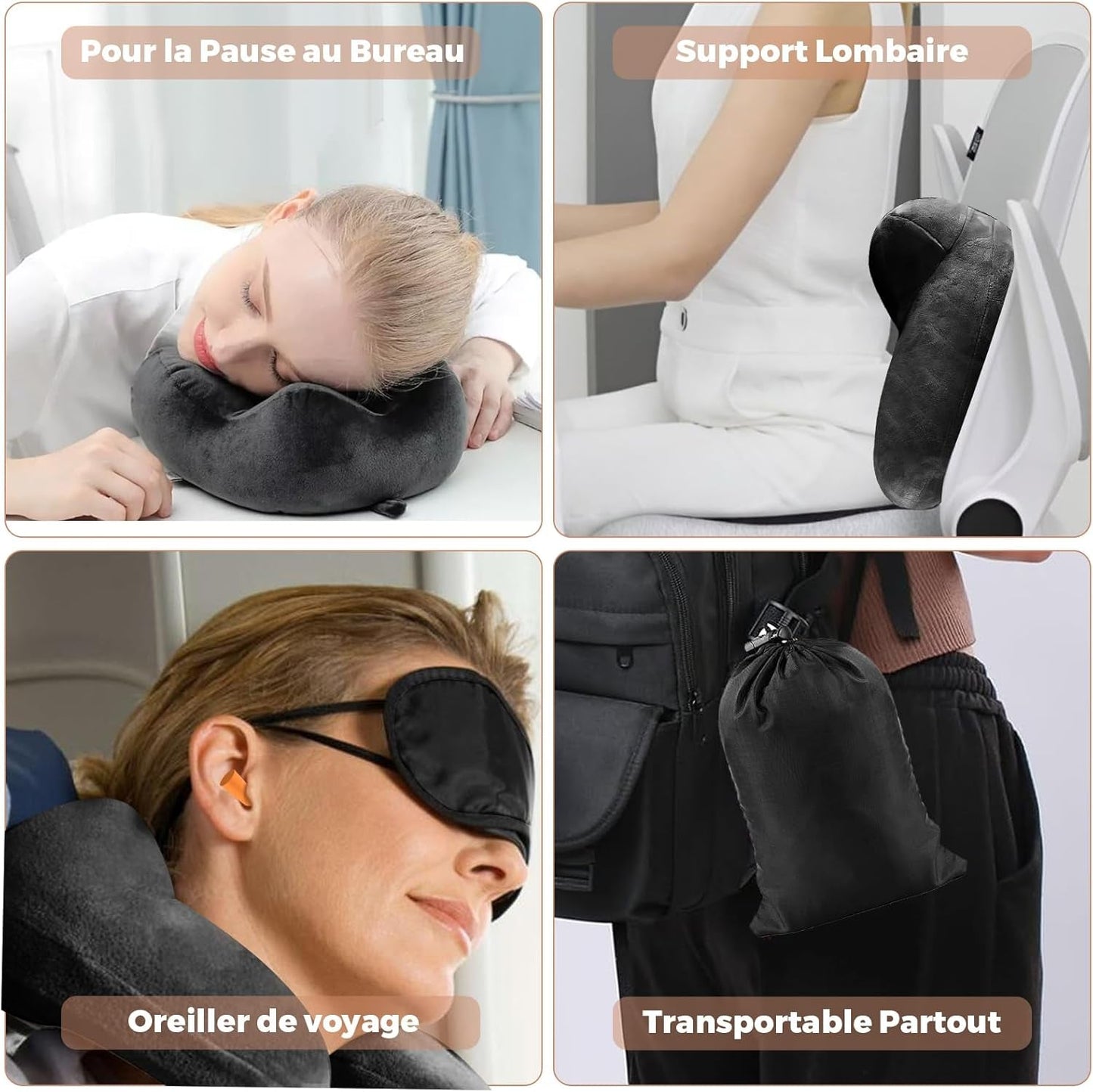 Aufblasbares Reisekissen, Reisekissen mit Schlafmaske + Ohrstöpsel + Tragetasche, superleicht und tragbar, ideal für Flugzeug, Auto, Zuhause, Büro, Schwarz Naty Shop Reisekissen