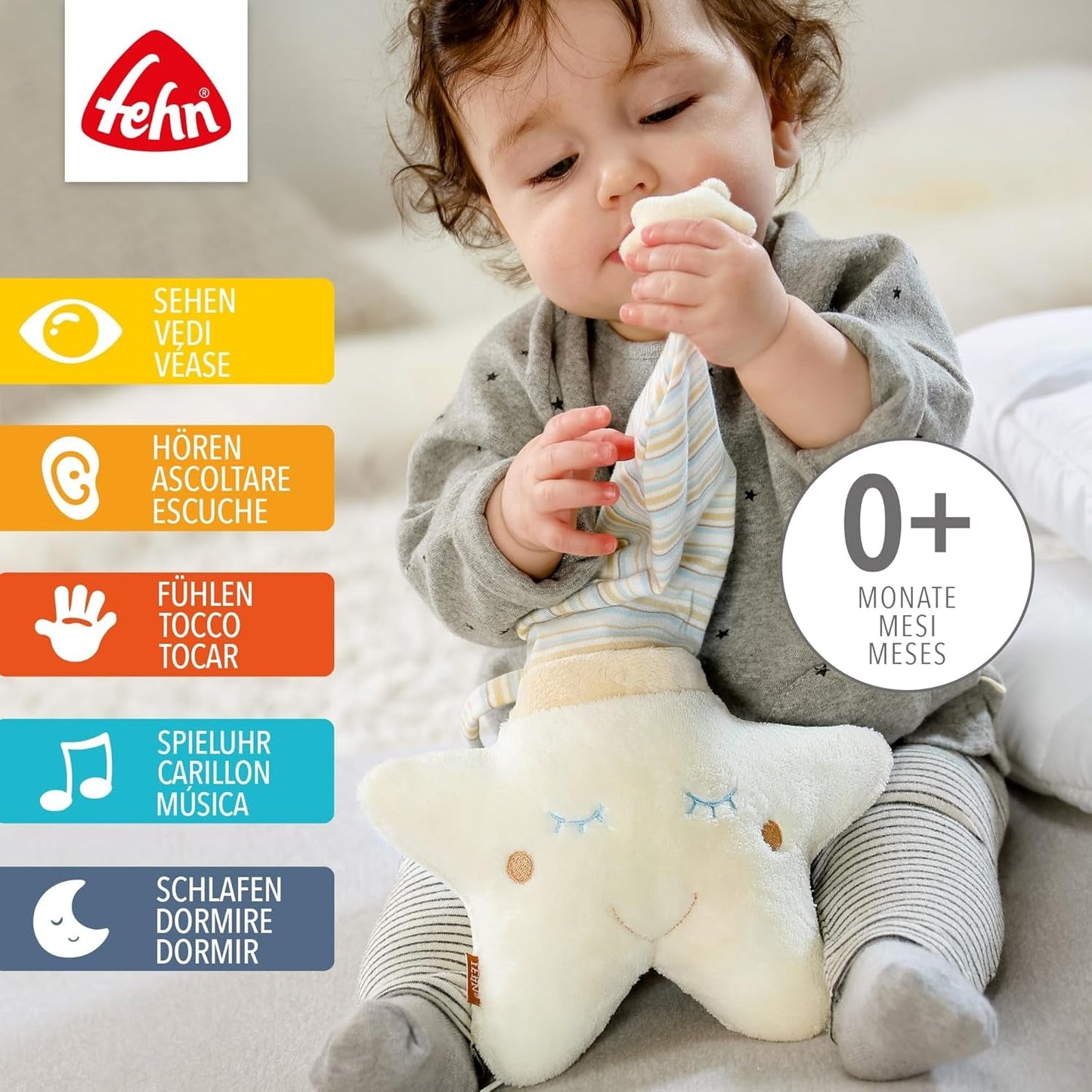 Fehn Spieluhr Baby Einschlafhilfe Stern – Spieluhr mit abnehmbarem Spielwerk zum Aufhängen – Einschlafhilfe Lied „Weißt du wieviel Sternlein stehen“ – Spielzeug für Babys und Kinder ab 0+ Monaten Toys Bebe Naty Shop