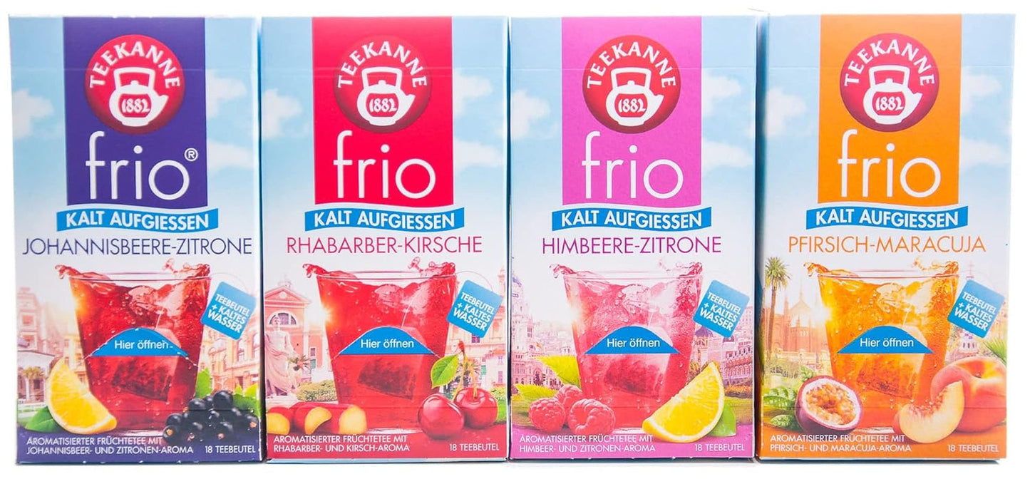 Teekanne Frio 4er Pack, Kirsche Rhabarber, Zitrone Johannisbeere, Zitrone Himbeere, Passionsfrucht Pfirsich (4 x 45 g)
