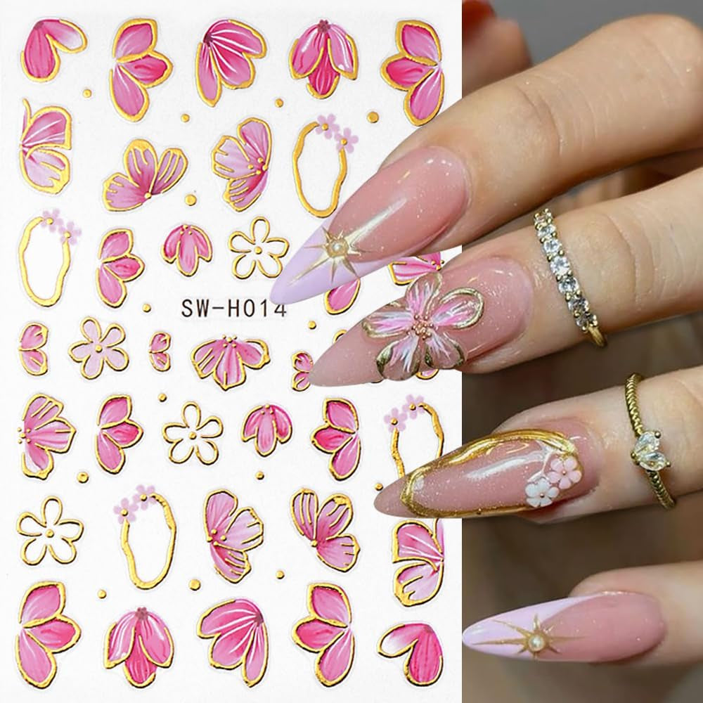 Gold Linie Schieber Rosa Nagelsticker Blumen 3D Flower Nail Sticker Sakura Blütenblätter Blumen Nagelaufkleber Frühling Sommer Floral Nagel Sticker Flowers Nagel Sticker Nageldesign Zubehör Nail Art