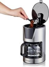 Cloer Filter-Espressomaschine für 6 Tassen, schonende Warmhaltefunktion, Glaskaraffe, Messlöffel, Wasserstandsanzeige, Anti-Tropf-System, automatische Abschaltung, Filtergröße 1x2, 550 W, Edelstahl