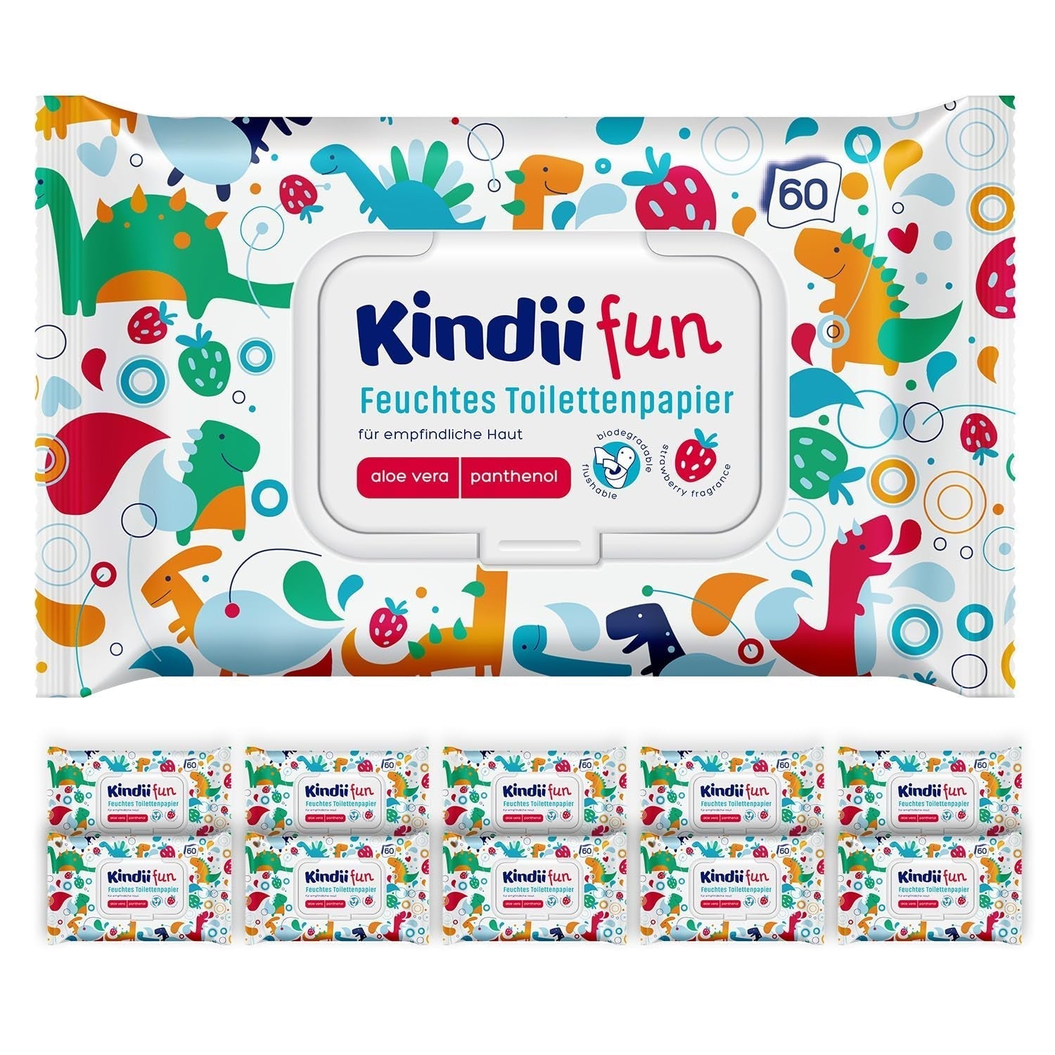 Kindii Fun Nasses Toilettenpapier – (10 x 60 Stück) Nasses Toilettenpapier – Kamille, Aloe Vera, pH-neutral, wasserbar, erfrischt den Intimbereich – 600 Stück