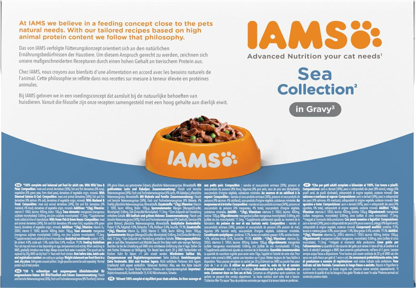 IAMS Delights Sea Collection Katzenfutter Nass - Multipack mit Fischsorten (Lachs, Thunfisch, Makrele, Seefisch) in Sauce, Nassfutter für Katzen ab 1 Jahr, 12 x 85g