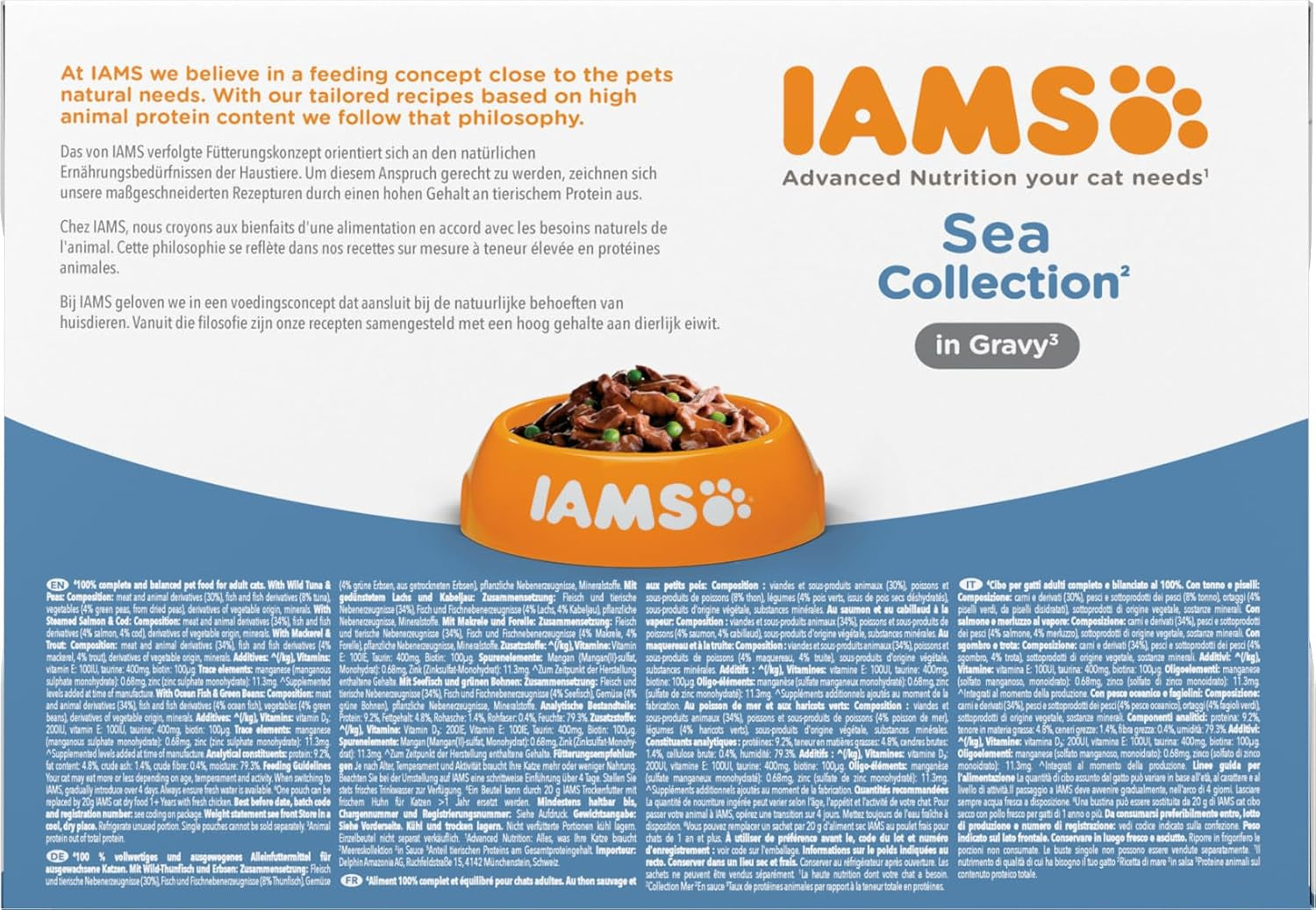 IAMS Delights Sea Collection Katzenfutter Nass - Multipack mit Fischsorten (Lachs, Thunfisch, Makrele, Seefisch) in Sauce, Nassfutter für Katzen ab 1 Jahr, 12 x 85g