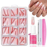 Künstliche Nägel-Set – 240-teilig, zum Aufkleben, französische Kunstnägel – rosa-weißes Farbverlaufsdesign, künstliche Nägel, vollständige Abdeckung, weiches Gel, natürlich und angenehm zu tragen (Rosa Mandel)