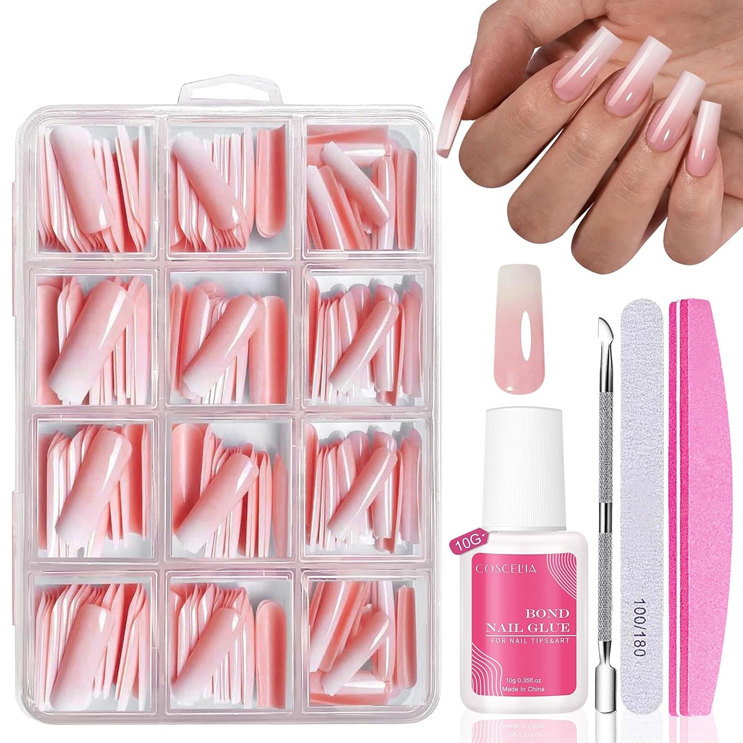 Künstliche Nägel-Set – 240-teilig, zum Aufkleben, französische Kunstnägel – rosa-weißes Farbverlaufsdesign, künstliche Nägel, vollständige Abdeckung, weiches Gel, natürlich und angenehm zu tragen (Rosa Mandel)