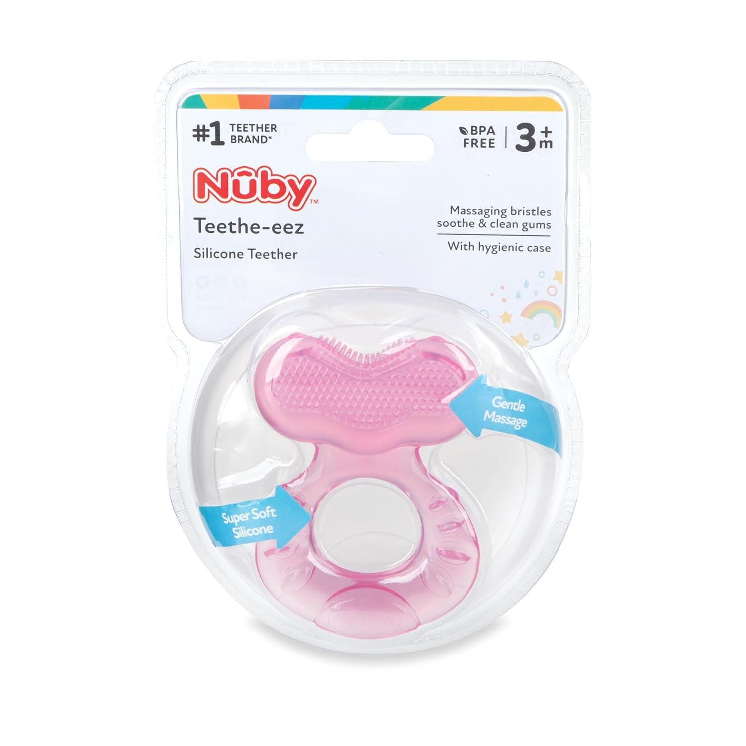 Nuby Teethe-eez Beißring aus weichem Silikon | Zahnungshilfe aus Silikon mit strukturierter Oberfläche zum Massieren des Zahnfleisches | Inklusive Hygienebezug | Rosa | Ab 3 Monaten