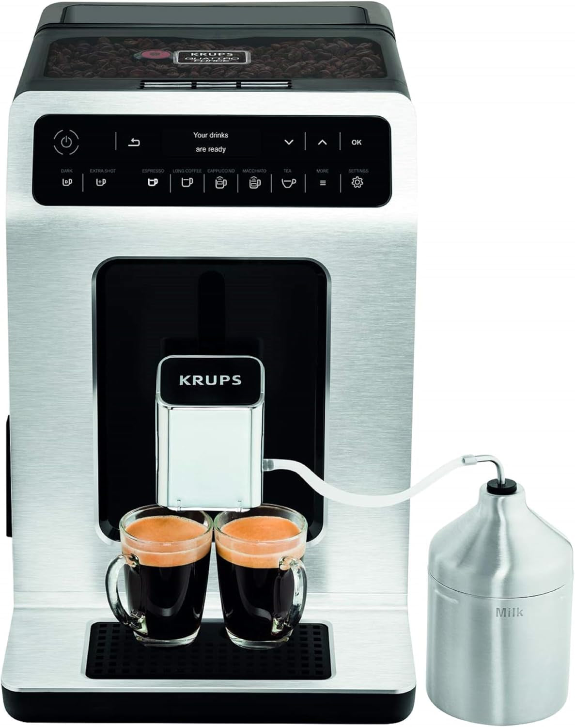 KRUPS Evidence One automatische Espressomaschine mit Milchschlauch, One-Touch-Cappuccino, 12 Spezialgetränke, 2-Tassen-Funktion, Farbdisplay, Espressomaschine, TÜV-Zertifikat, Schwarz, EA895N10
